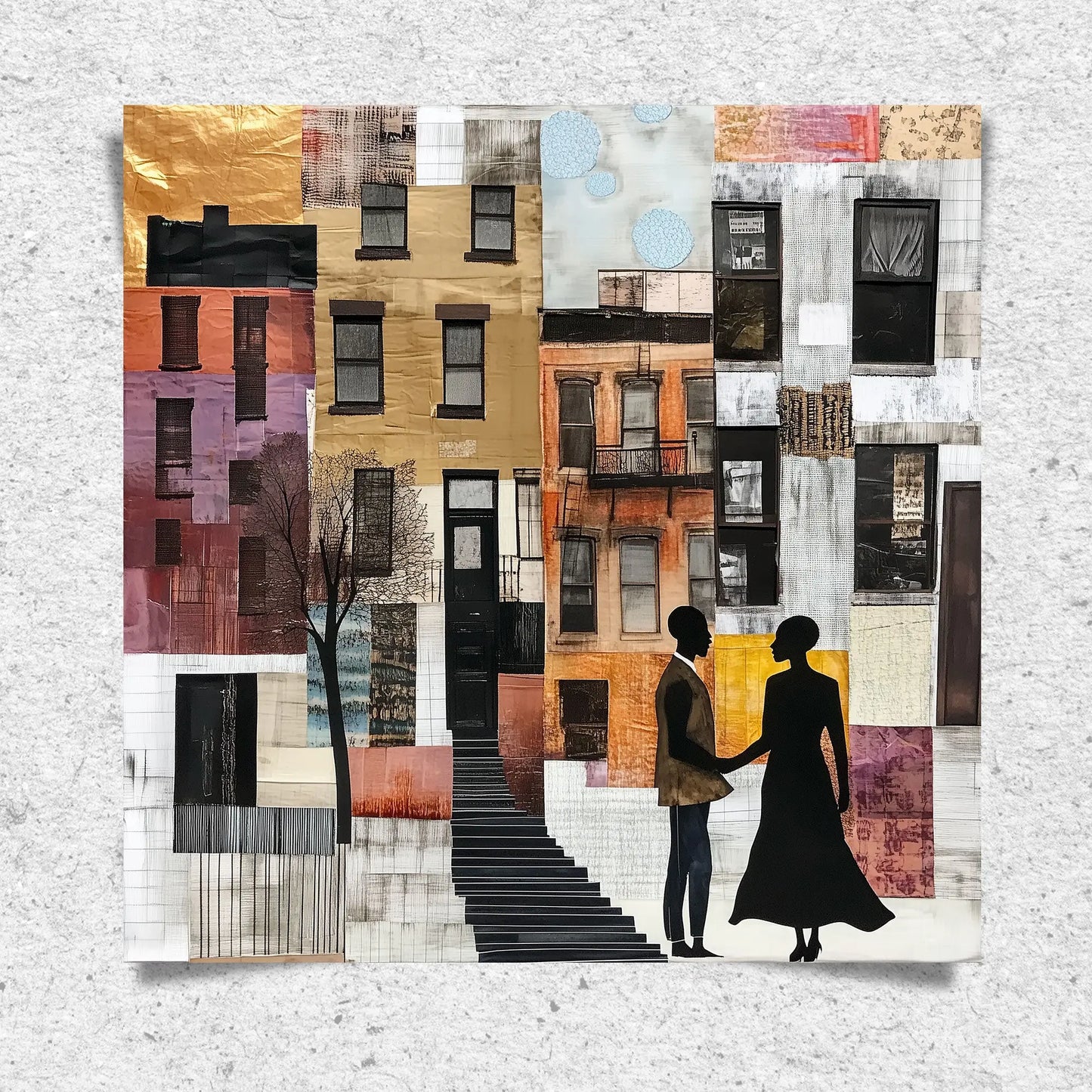 Illustration of a Black couple standing in front of historic Harlem brownstones. The focus is on the stoop stairs, symbolizing community life. The Black man gently takes his girlfriend’s hand, beginning a heartfelt marriage proposal. The scene reflects Black love, romance, and the cultural richness of Harlem.
