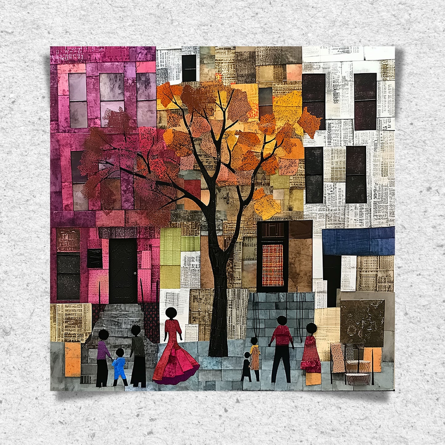 Afrocentric abstract art print capturing the vibrant energy of Harlem, featuring Black street life depicted through silhouette figures. Inspired by patchwork quilting, this piece blends geometric patterns, textured layers, and rich colors for a striking visual representation of everyday life in Harlem.