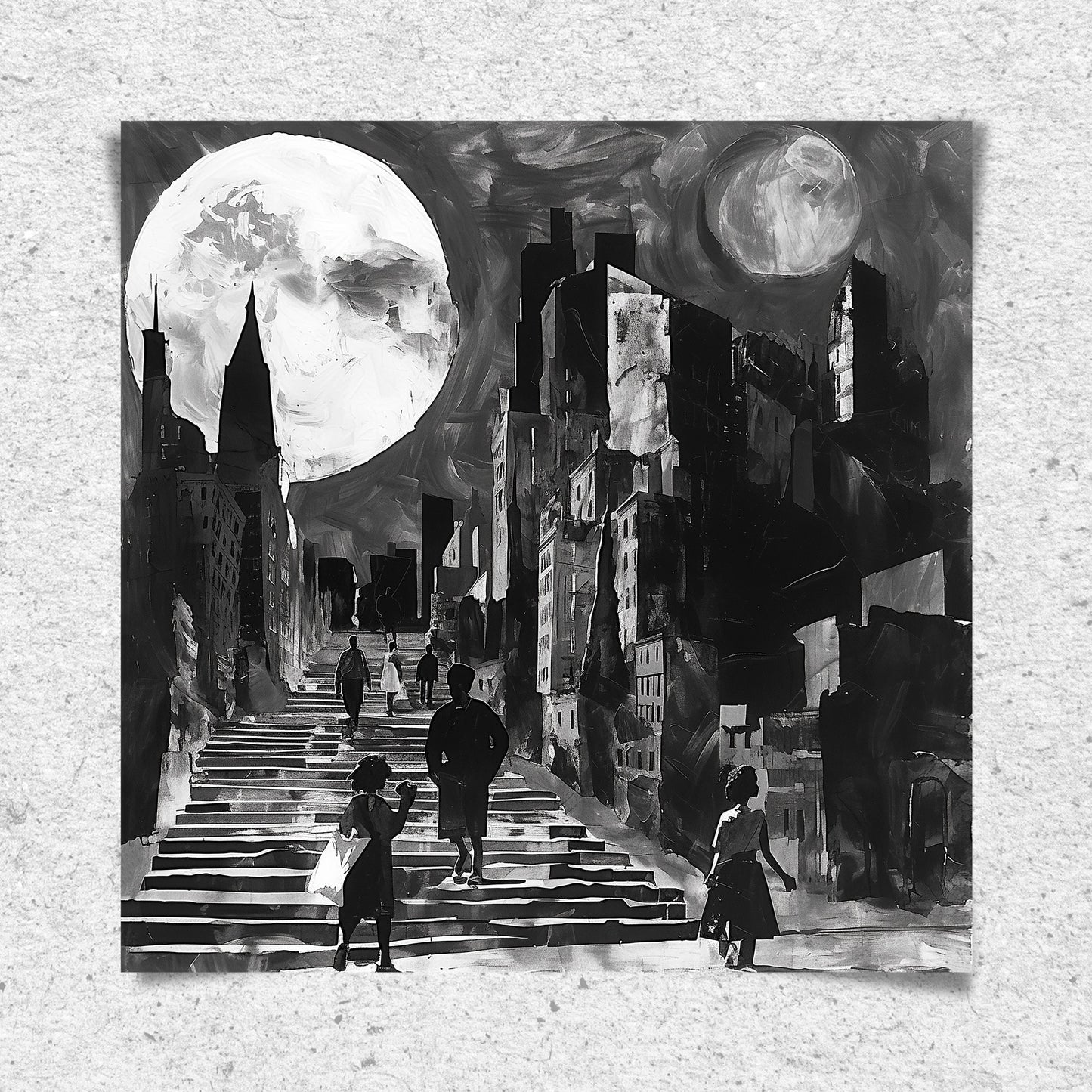 Afrocentric art print featuring silhouette figures in a Harlem neighborhood street scene, with the sun and moon overhead. Abstract digital artwork celebrating African American culture, community life, and the rhythm of day and night in Harlem.