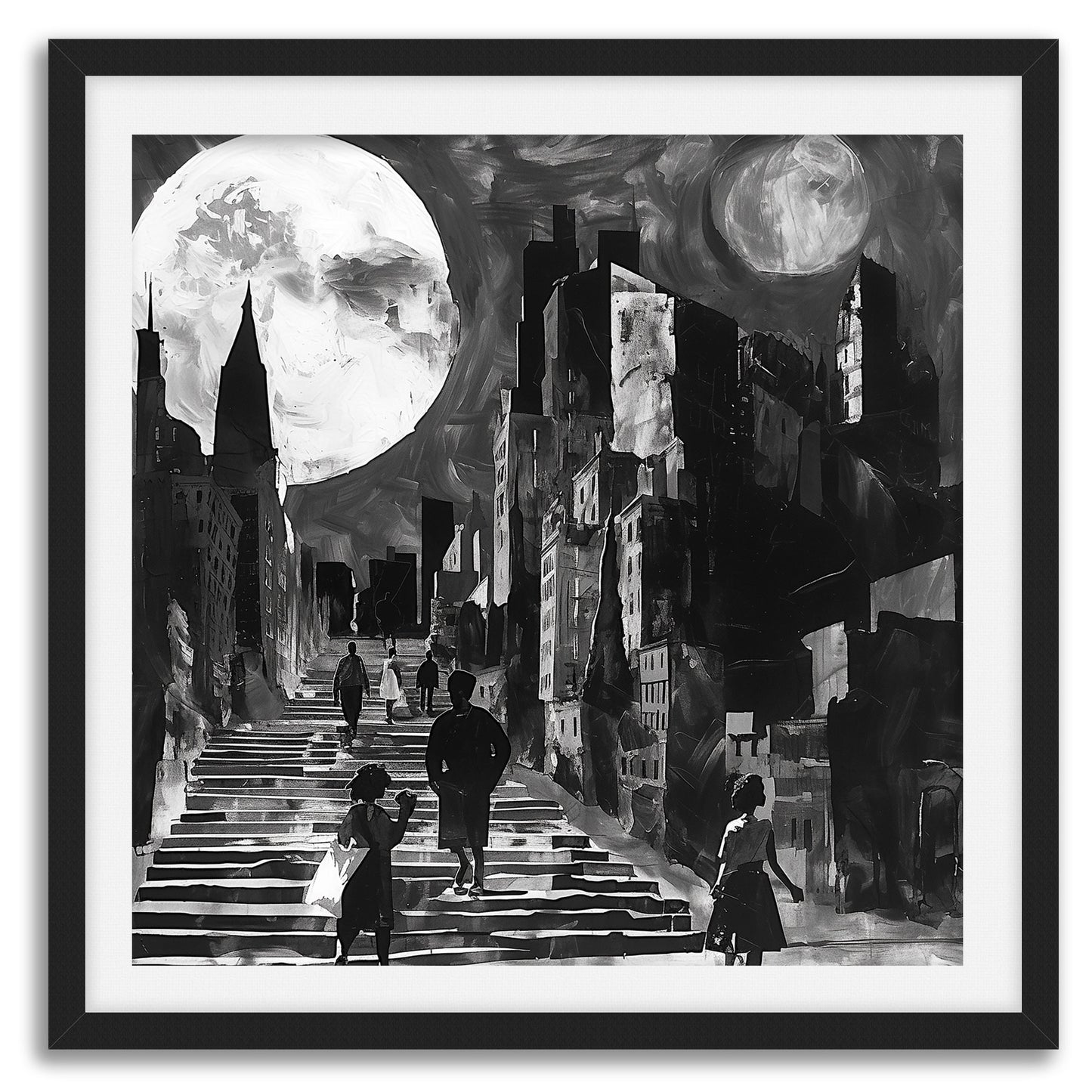 Afrocentric art print featuring silhouette figures in a Harlem neighborhood street scene, with the sun and moon overhead. Abstract digital artwork celebrating African American culture, community life, and the rhythm of day and night in Harlem.