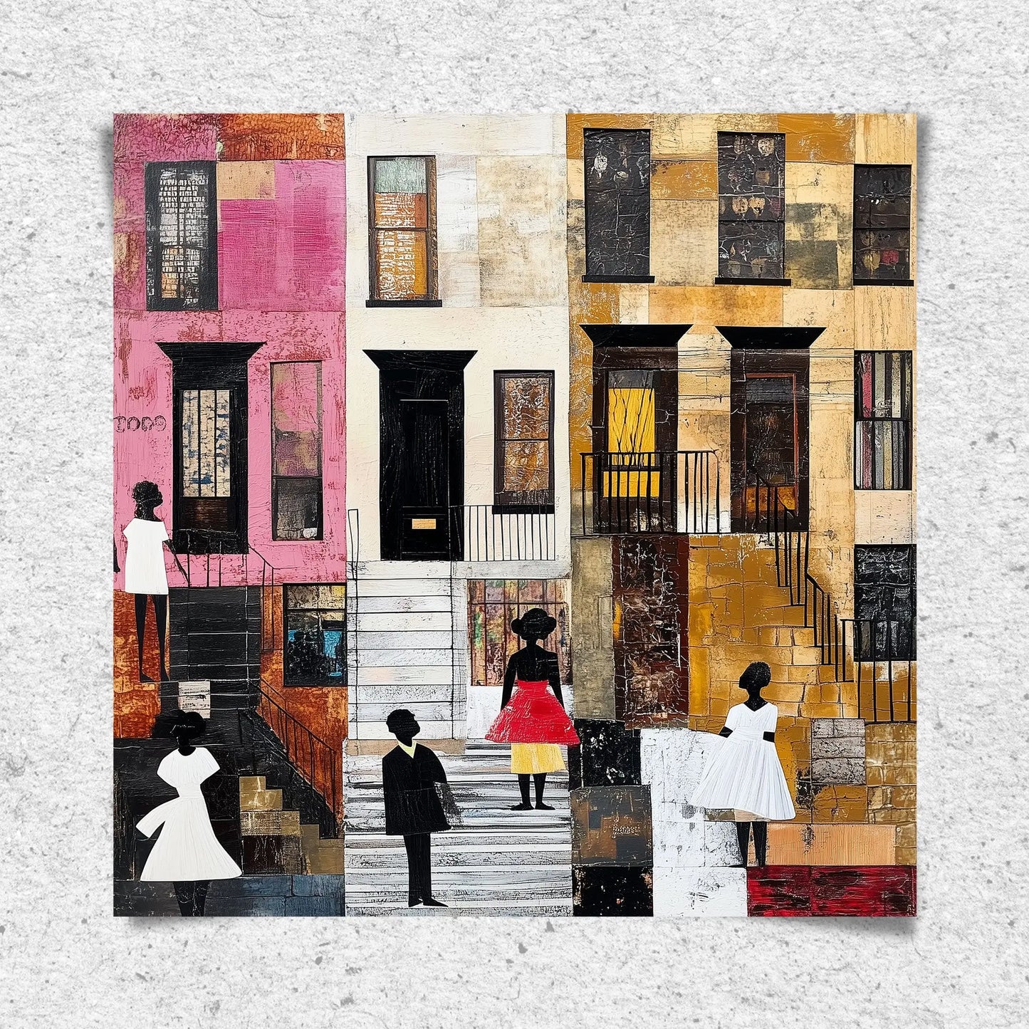 Harlem Neighborhood Art Print featuring Black ladies in Sunday white dresses, capturing the vibrancy of street life in a patchwork-inspired abstract African American art style. A tribute to Harlem culture and Black artistry.