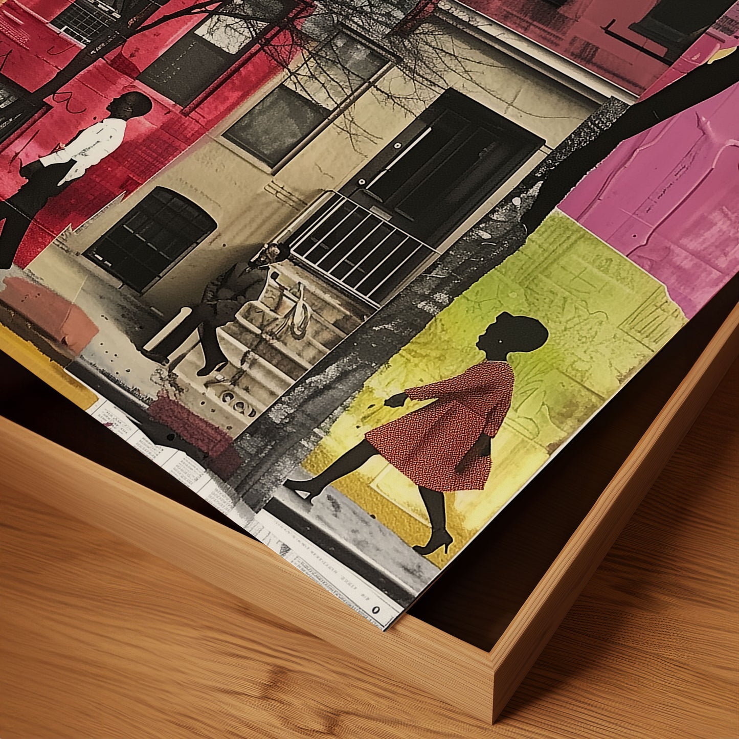 Abstract Afrocentric art of a Black man and woman taking a quiet stroll past historic Harlem brownstones. The scene highlights a sunny stoop and captures the peaceful rhythm of neighborhood life, evoking warmth, heritage, and cultural pride.