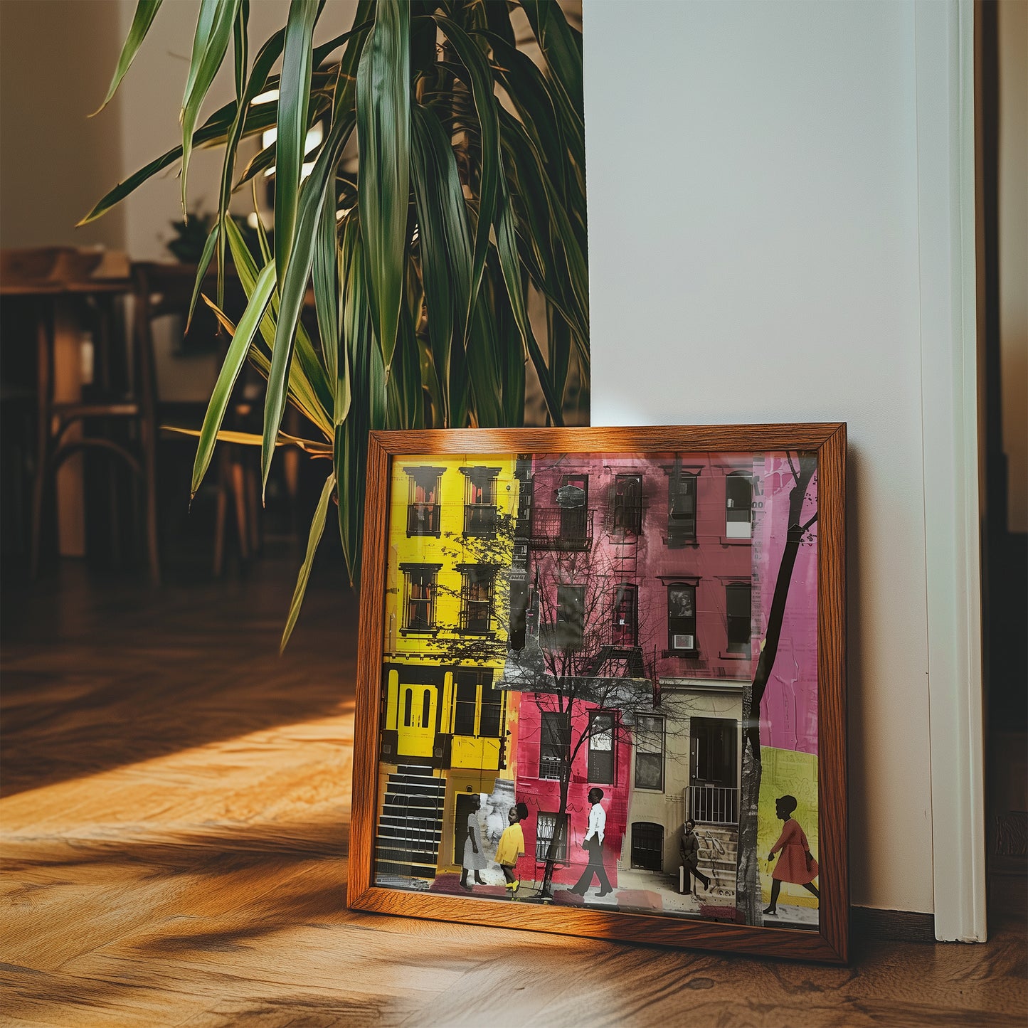 Abstract Afrocentric art of a Black man and woman taking a quiet stroll past historic Harlem brownstones. The scene highlights a sunny stoop and captures the peaceful rhythm of neighborhood life, evoking warmth, heritage, and cultural pride.