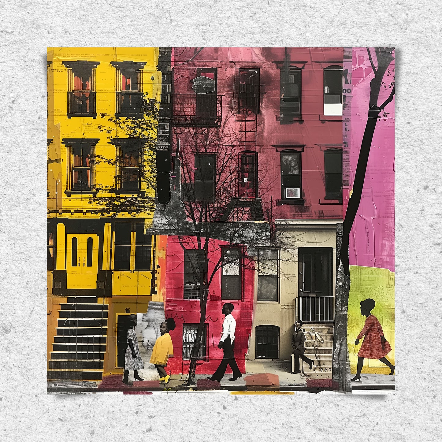 Abstract Afrocentric art of a Black man and woman taking a quiet stroll past historic Harlem brownstones. The scene highlights a sunny stoop and captures the peaceful rhythm of neighborhood life, evoking warmth, heritage, and cultural pride.