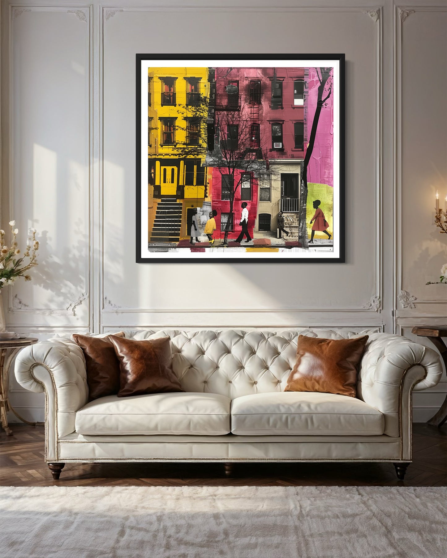 Abstract Afrocentric art of a Black man and woman taking a quiet stroll past historic Harlem brownstones. The scene highlights a sunny stoop and captures the peaceful rhythm of neighborhood life, evoking warmth, heritage, and cultural pride.