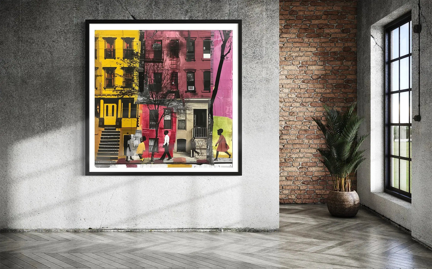 Abstract Afrocentric art of a Black man and woman taking a quiet stroll past historic Harlem brownstones. The scene highlights a sunny stoop and captures the peaceful rhythm of neighborhood life, evoking warmth, heritage, and cultural pride.