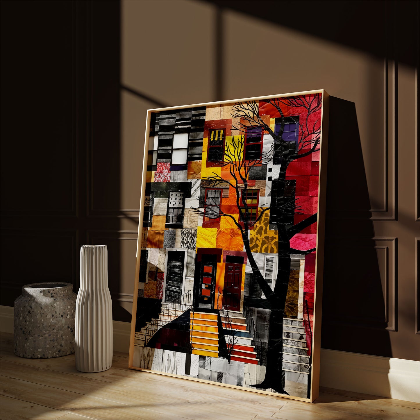 Harlem Neighborhood Brownstones Art Print featuring Afrocentric abstract art depicting Harlem lifestyle and African American culture.