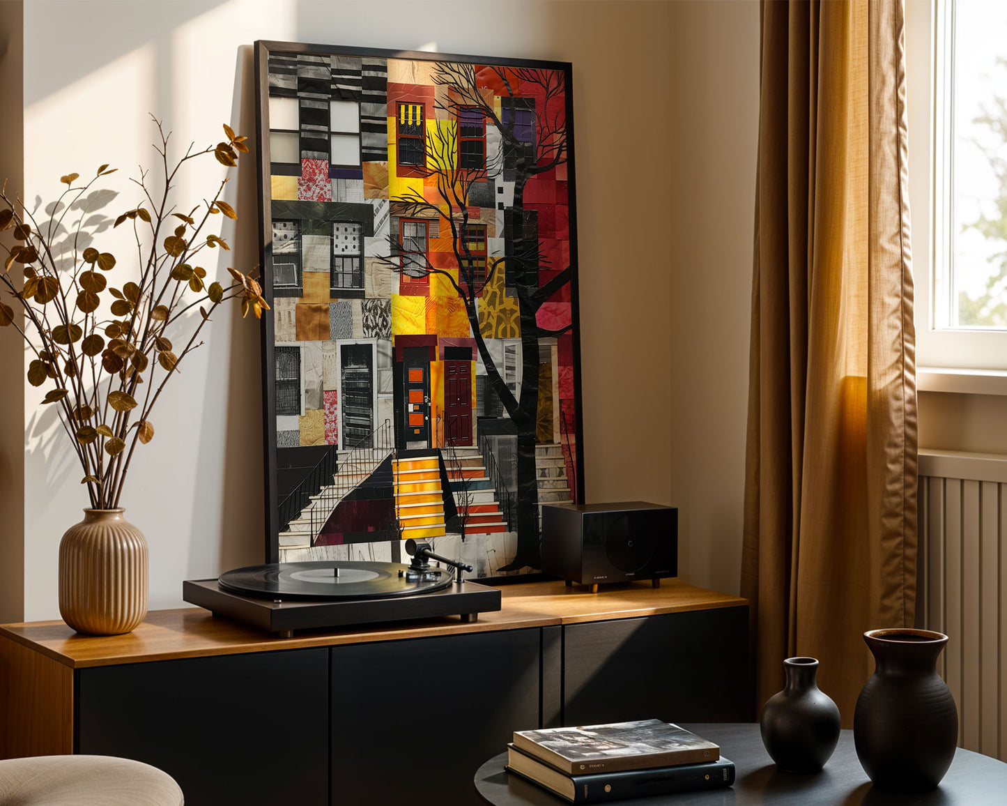Harlem Neighborhood Brownstones Art Print featuring Afrocentric abstract art depicting Harlem lifestyle and African American culture.