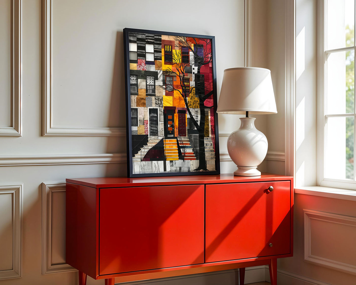 Harlem Neighborhood Brownstones Art Print featuring Afrocentric abstract art depicting Harlem lifestyle and African American culture.