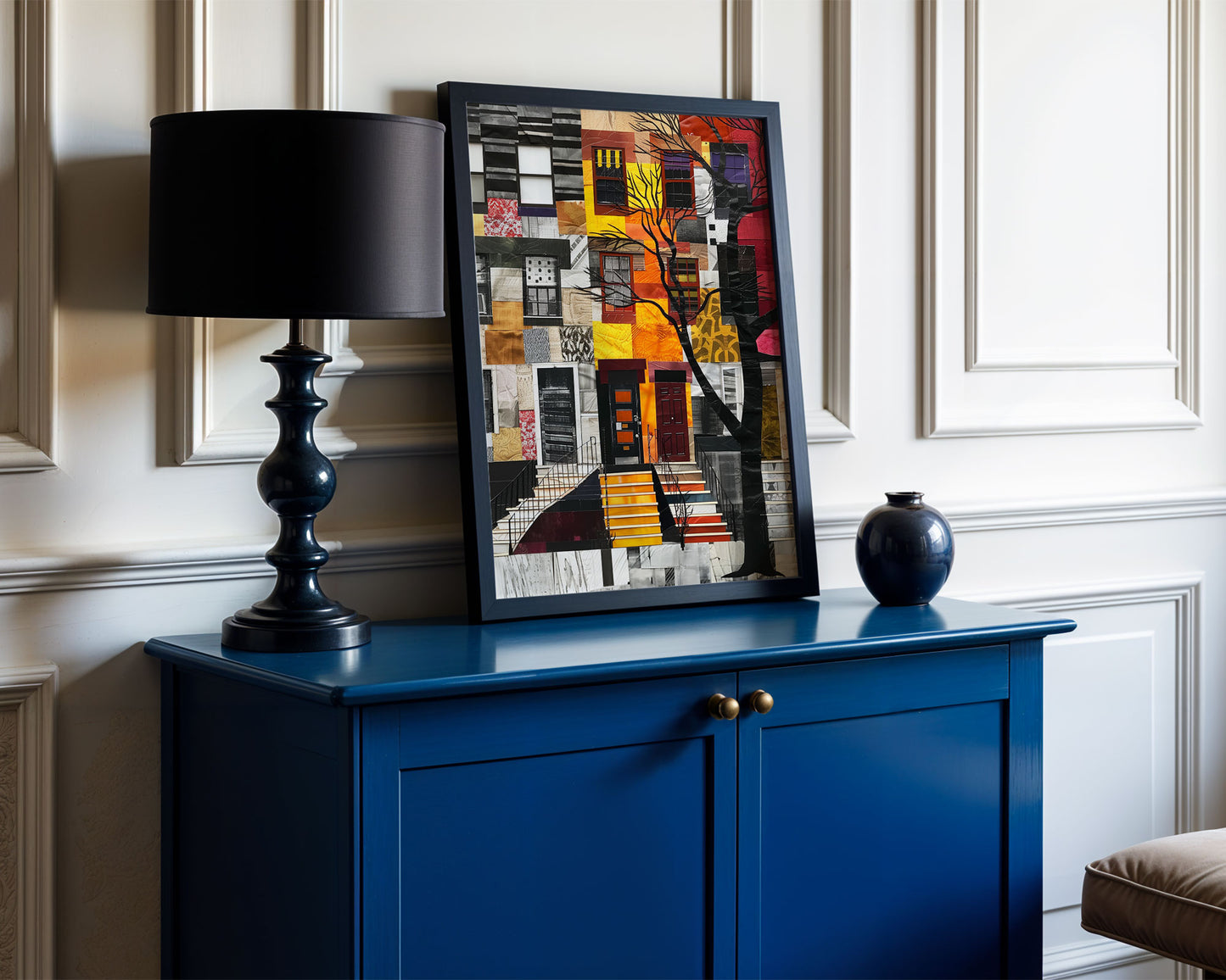 Harlem Neighborhood Brownstones Art Print featuring Afrocentric abstract art depicting Harlem lifestyle and African American culture.