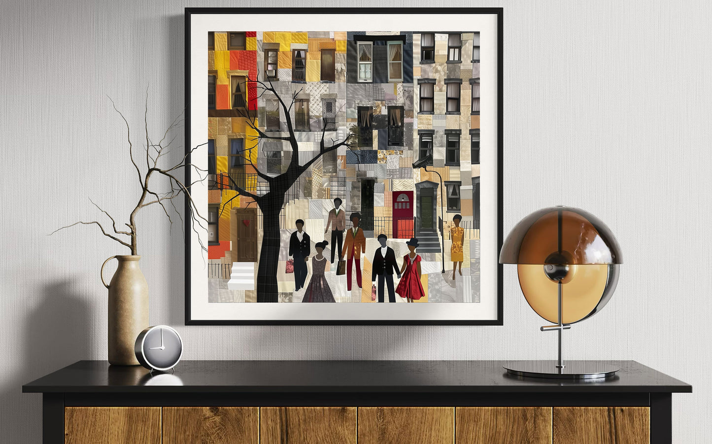 Harlem Neighborhood Art Print featuring brownstones in a colorful patchwork-inspired design, Afrocentric wall decor celebrating African American abstract art and Harlem culture.