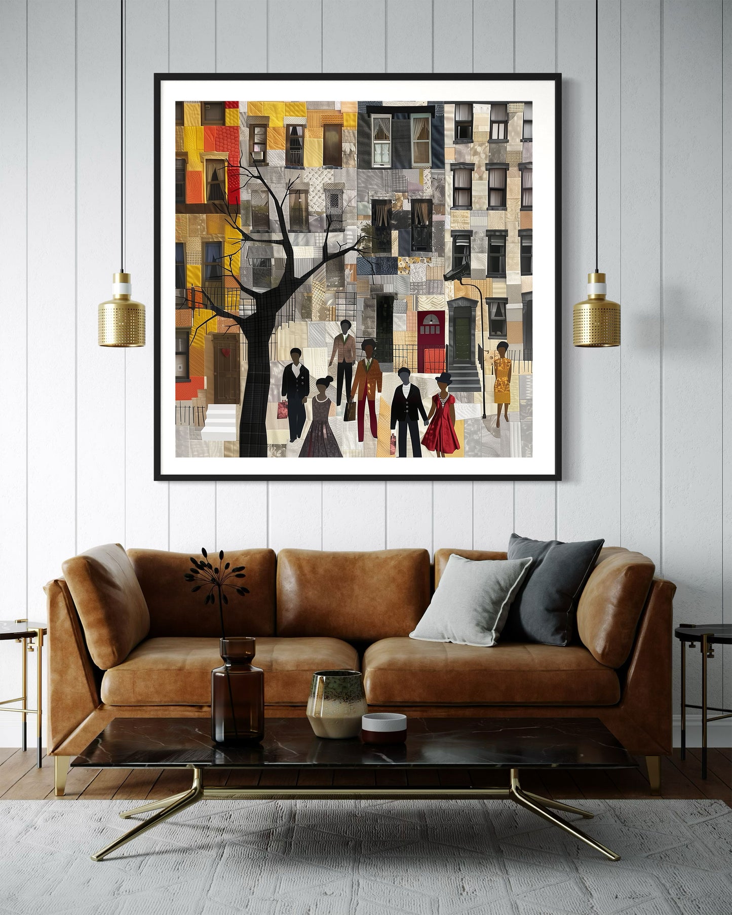 Harlem Neighborhood Art Print featuring brownstones in a colorful patchwork-inspired design, Afrocentric wall decor celebrating African American abstract art and Harlem culture.