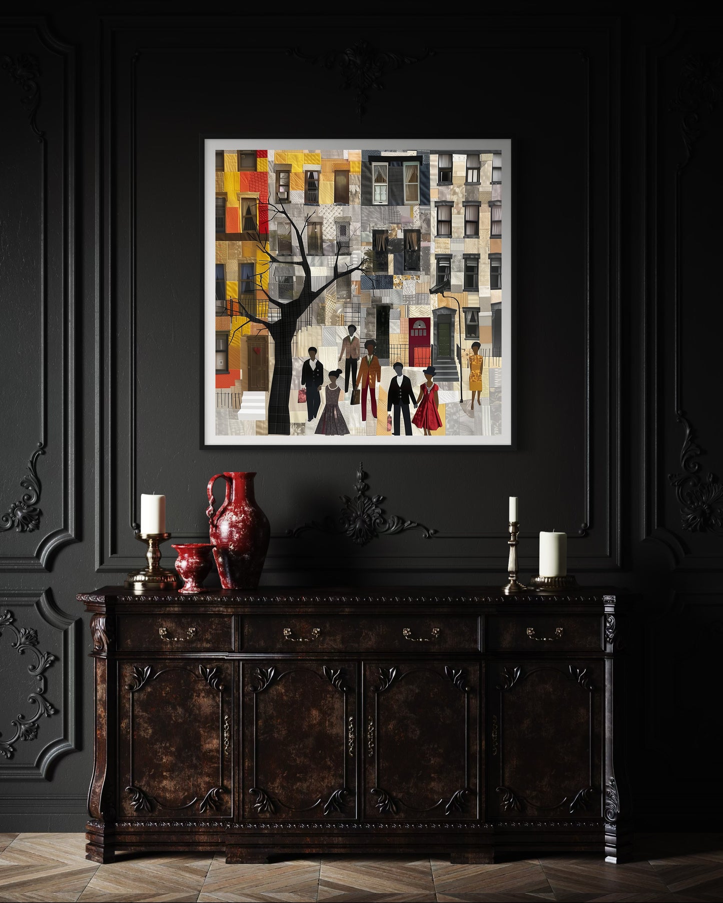 Harlem Neighborhood Art Print featuring brownstones in a colorful patchwork-inspired design, Afrocentric wall decor celebrating African American abstract art and Harlem culture.