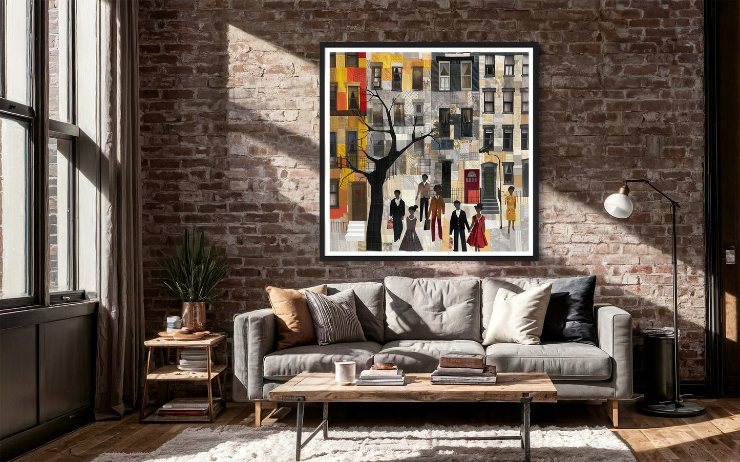 Harlem Neighborhood Art Print featuring brownstones in a colorful patchwork-inspired design, Afrocentric wall decor celebrating African American abstract art and Harlem culture.