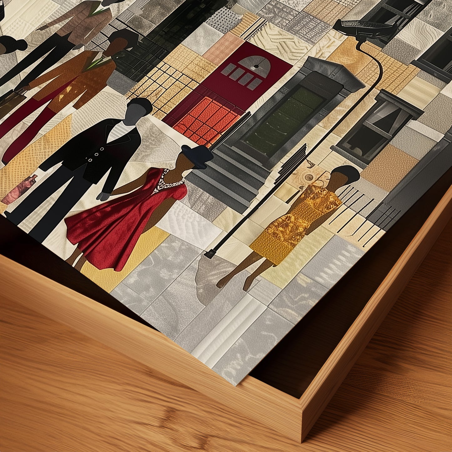 Harlem Neighborhood Art Print featuring brownstones in a colorful patchwork-inspired design, Afrocentric wall decor celebrating African American abstract art and Harlem culture.