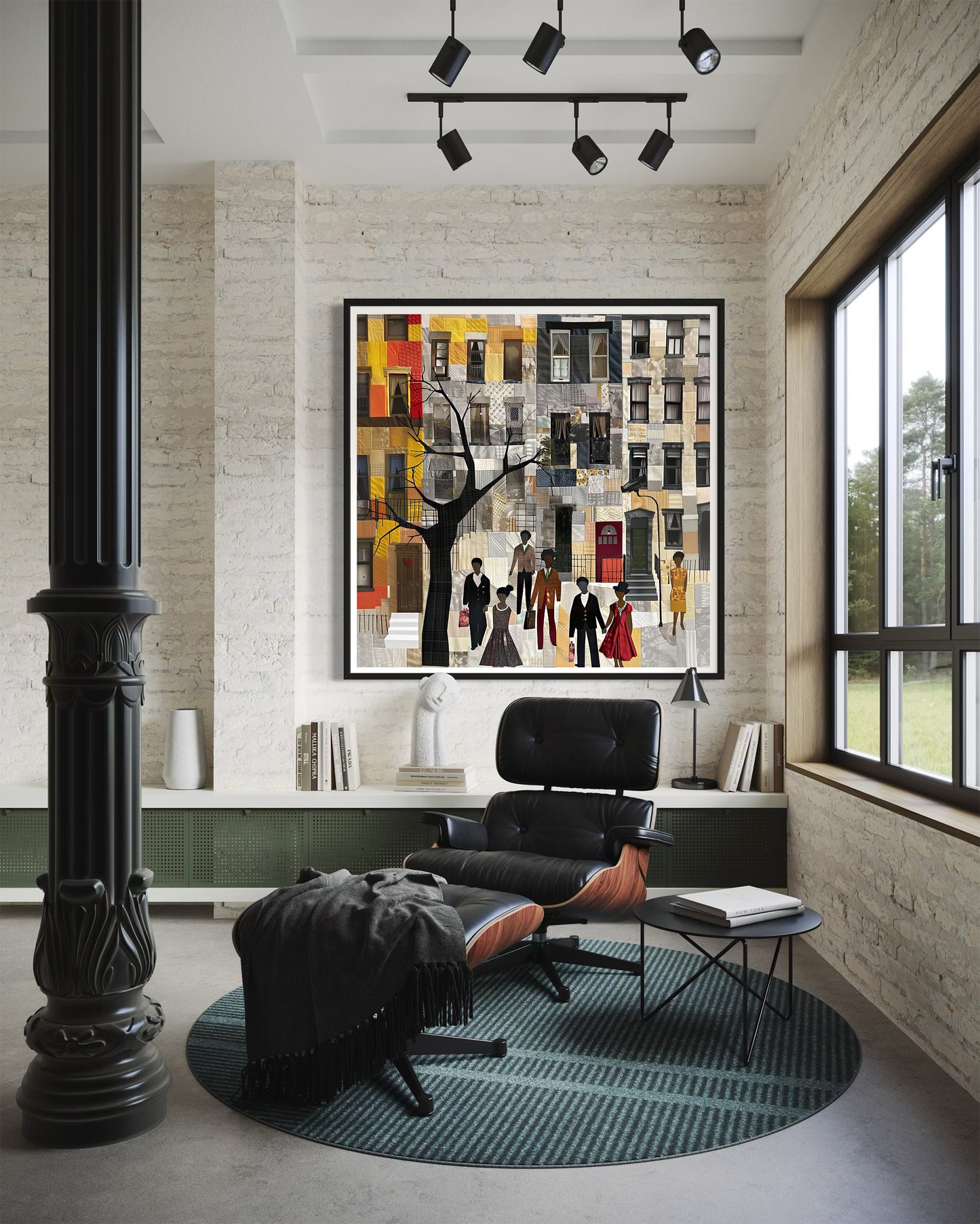 Harlem Neighborhood Art Print featuring brownstones in a colorful patchwork-inspired design, Afrocentric wall decor celebrating African American abstract art and Harlem culture.