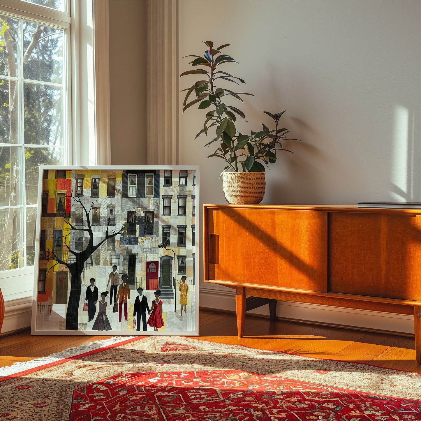 Harlem Neighborhood Art Print featuring brownstones in a colorful patchwork-inspired design, Afrocentric wall decor celebrating African American abstract art and Harlem culture.