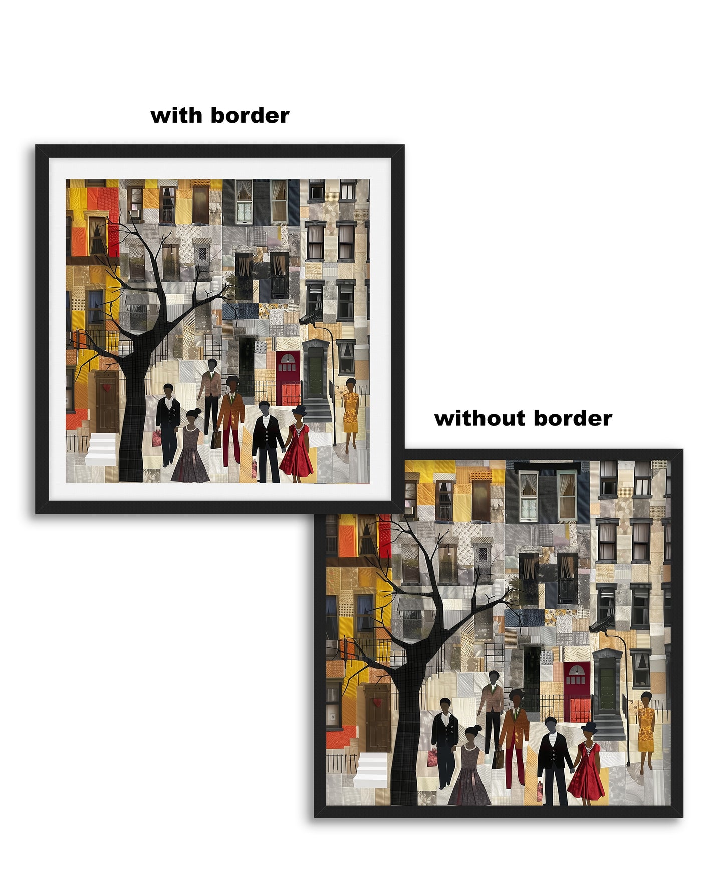 Harlem Neighborhood Art Print featuring brownstones in a colorful patchwork-inspired design, Afrocentric wall decor celebrating African American abstract art and Harlem culture.