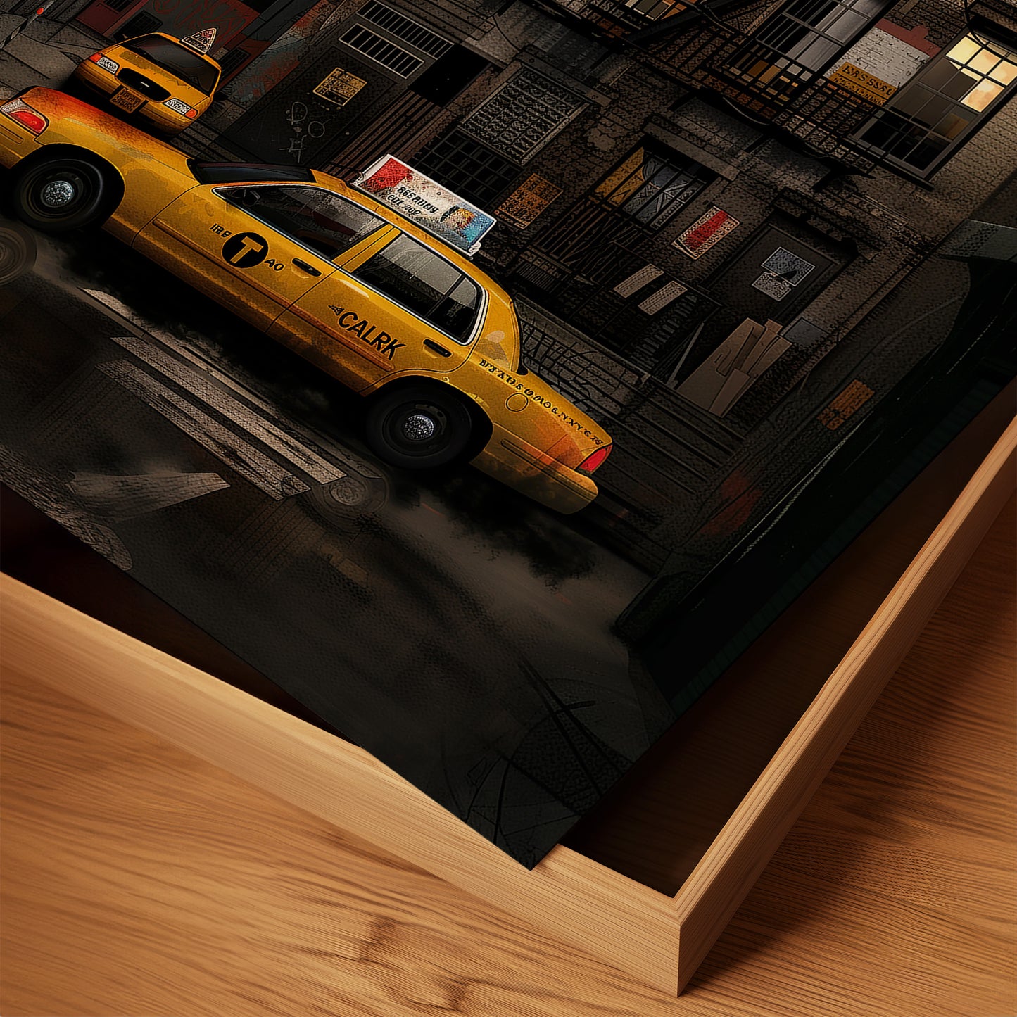 Harlem in the Moonlight Art Print featuring New York City yellow taxis at night under a glowing moon. Abstract Afrocentric Harlem cityscape wall art with vibrant colors and urban style.