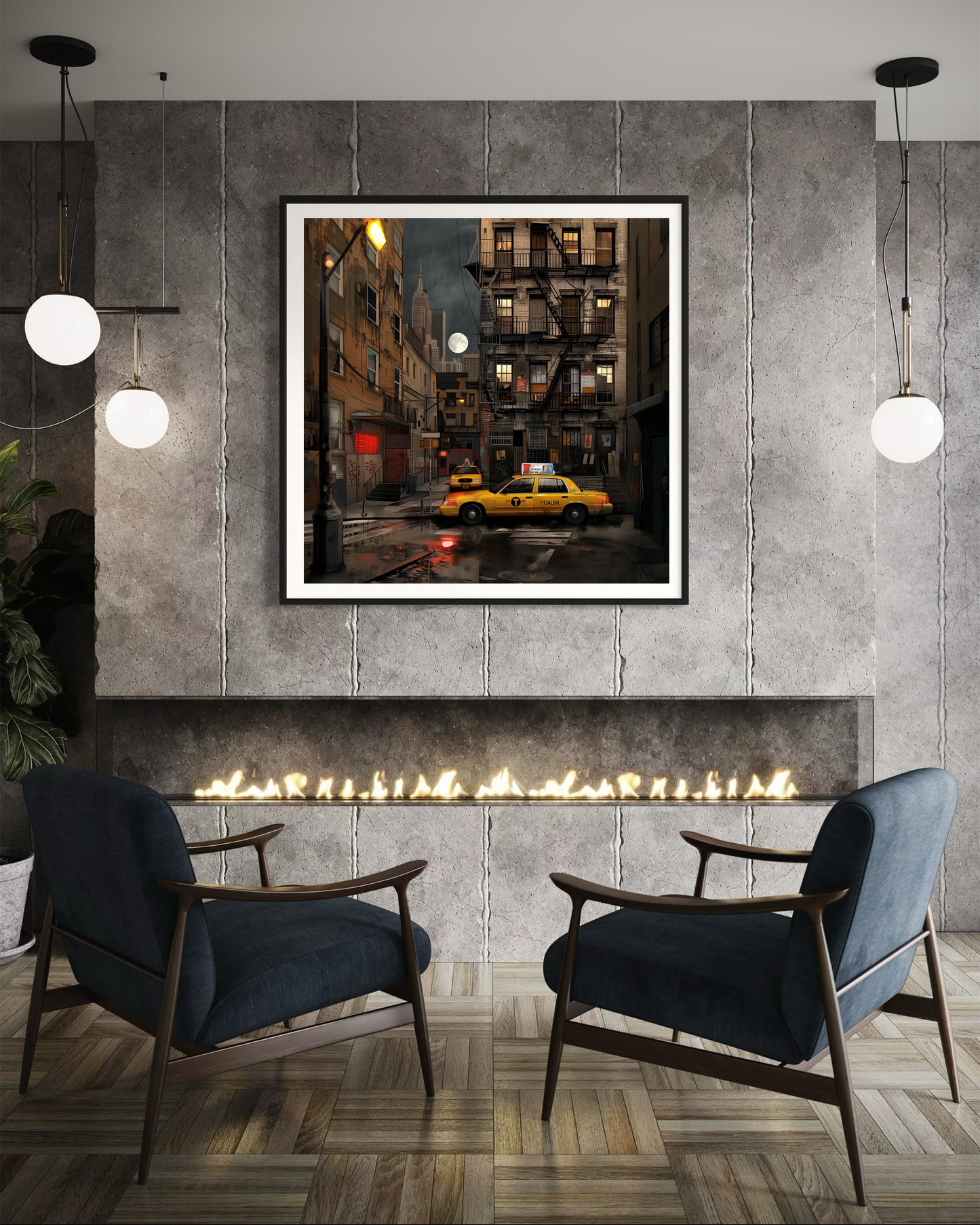 Harlem in the Moonlight Art Print featuring New York City yellow taxis at night under a glowing moon. Abstract Afrocentric Harlem cityscape wall art with vibrant colors and urban style.