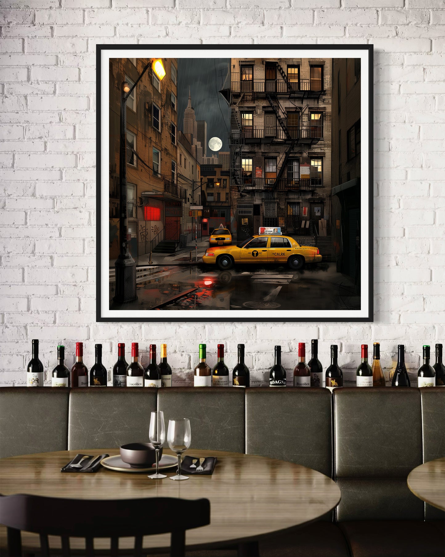 Harlem in the Moonlight Art Print featuring New York City yellow taxis at night under a glowing moon. Abstract Afrocentric Harlem cityscape wall art with vibrant colors and urban style.