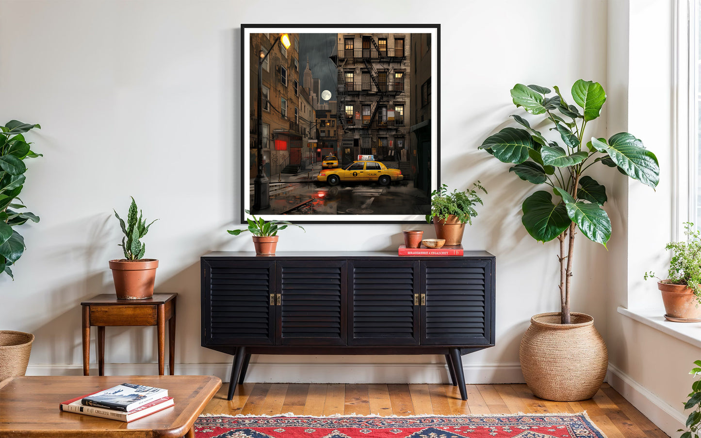 Harlem in the Moonlight Art Print featuring New York City yellow taxis at night under a glowing moon. Abstract Afrocentric Harlem cityscape wall art with vibrant colors and urban style.