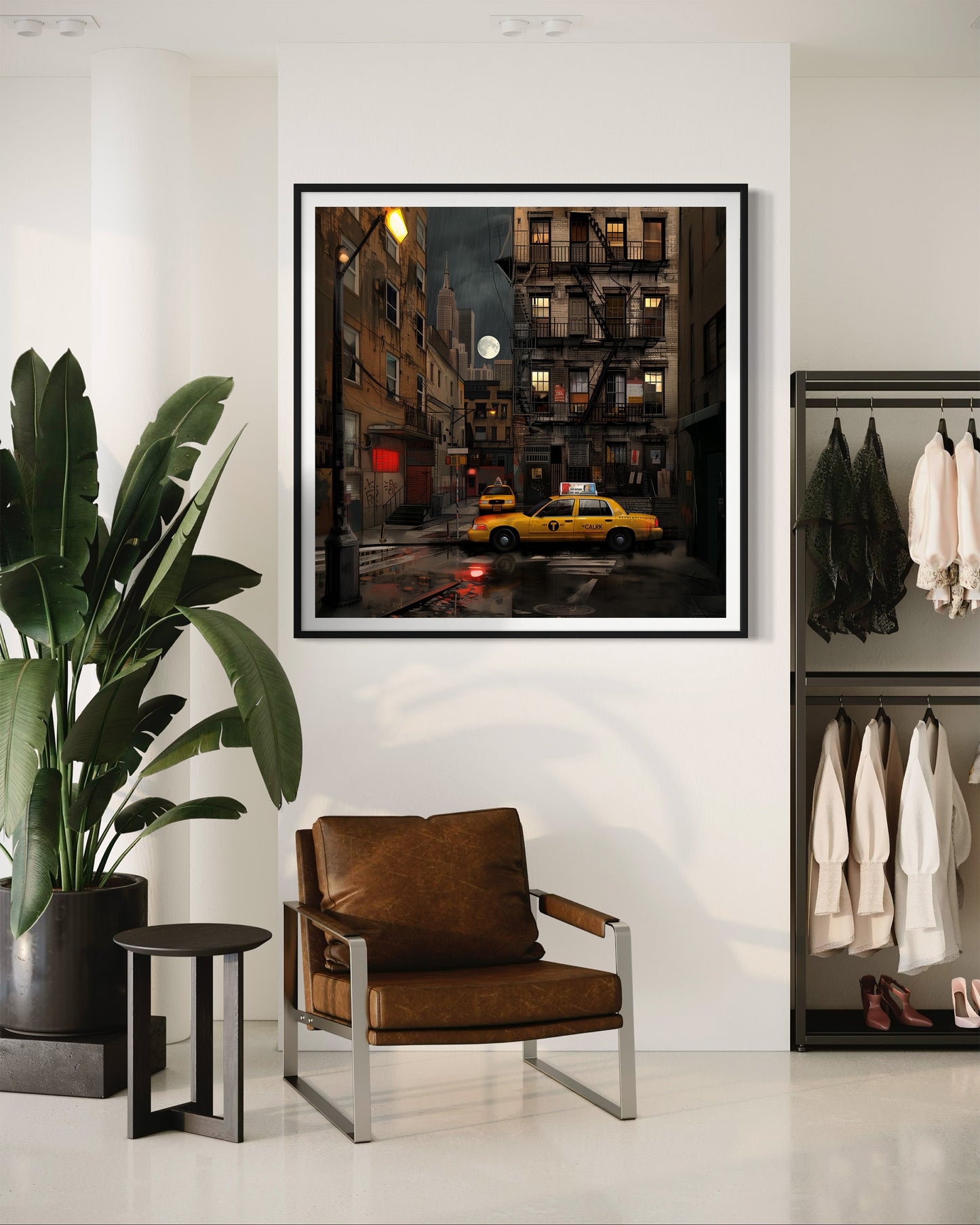 Harlem in the Moonlight Art Print featuring New York City yellow taxis at night under a glowing moon. Abstract Afrocentric Harlem cityscape wall art with vibrant colors and urban style.