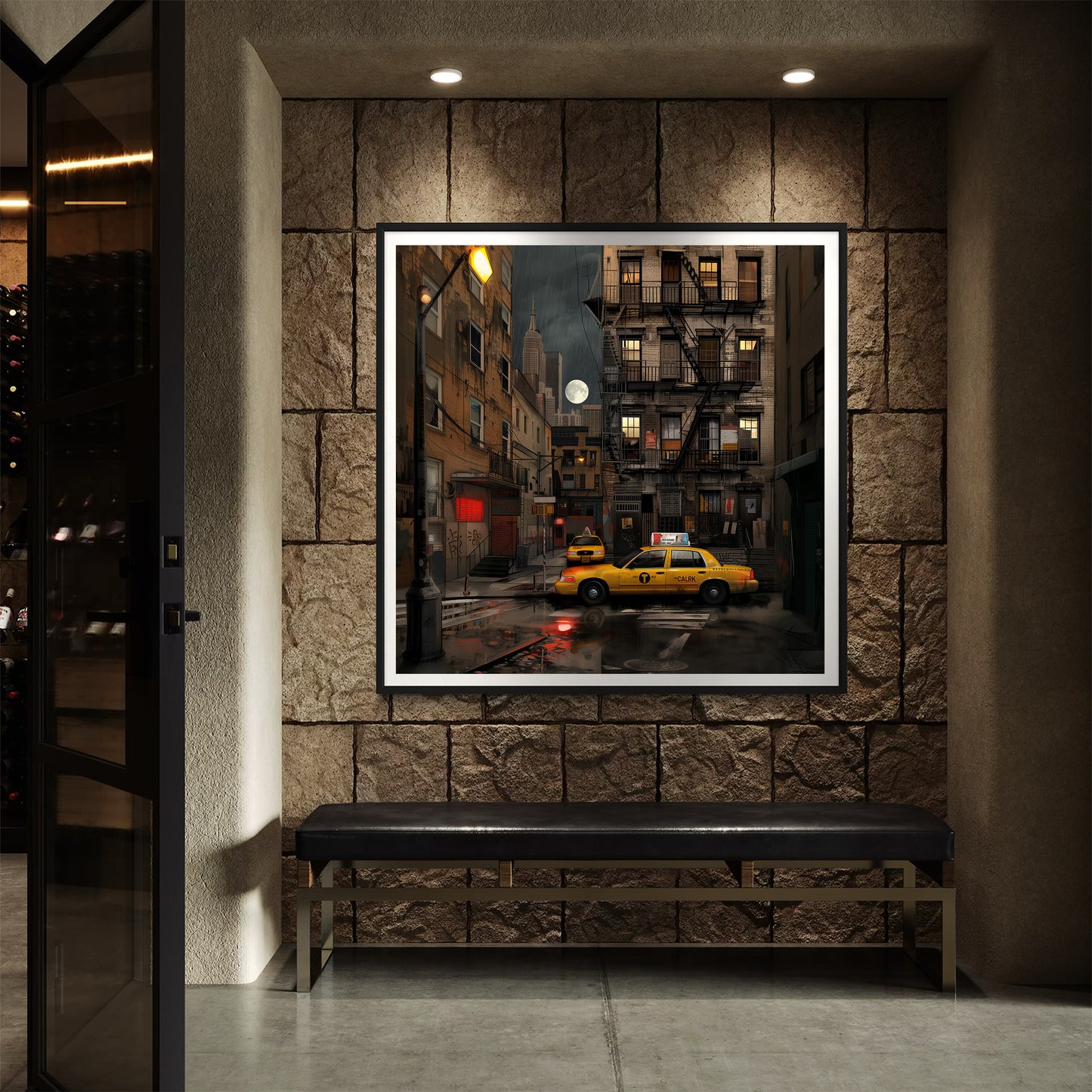 Harlem in the Moonlight Art Print featuring New York City yellow taxis at night under a glowing moon. Abstract Afrocentric Harlem cityscape wall art with vibrant colors and urban style.