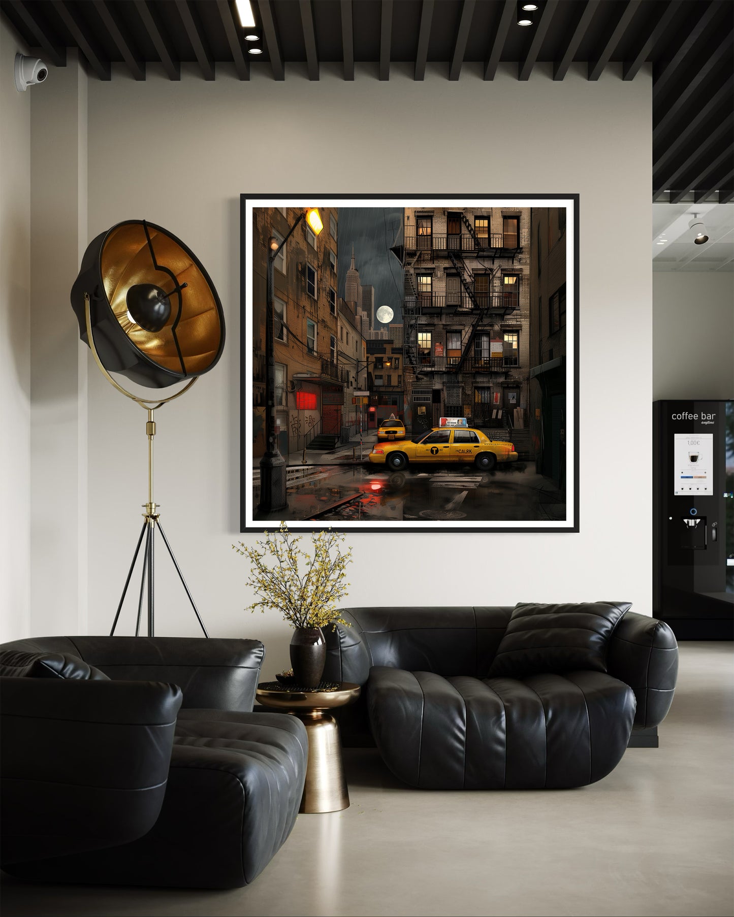 Harlem in the Moonlight Art Print featuring New York City yellow taxis at night under a glowing moon. Abstract Afrocentric Harlem cityscape wall art with vibrant colors and urban style.