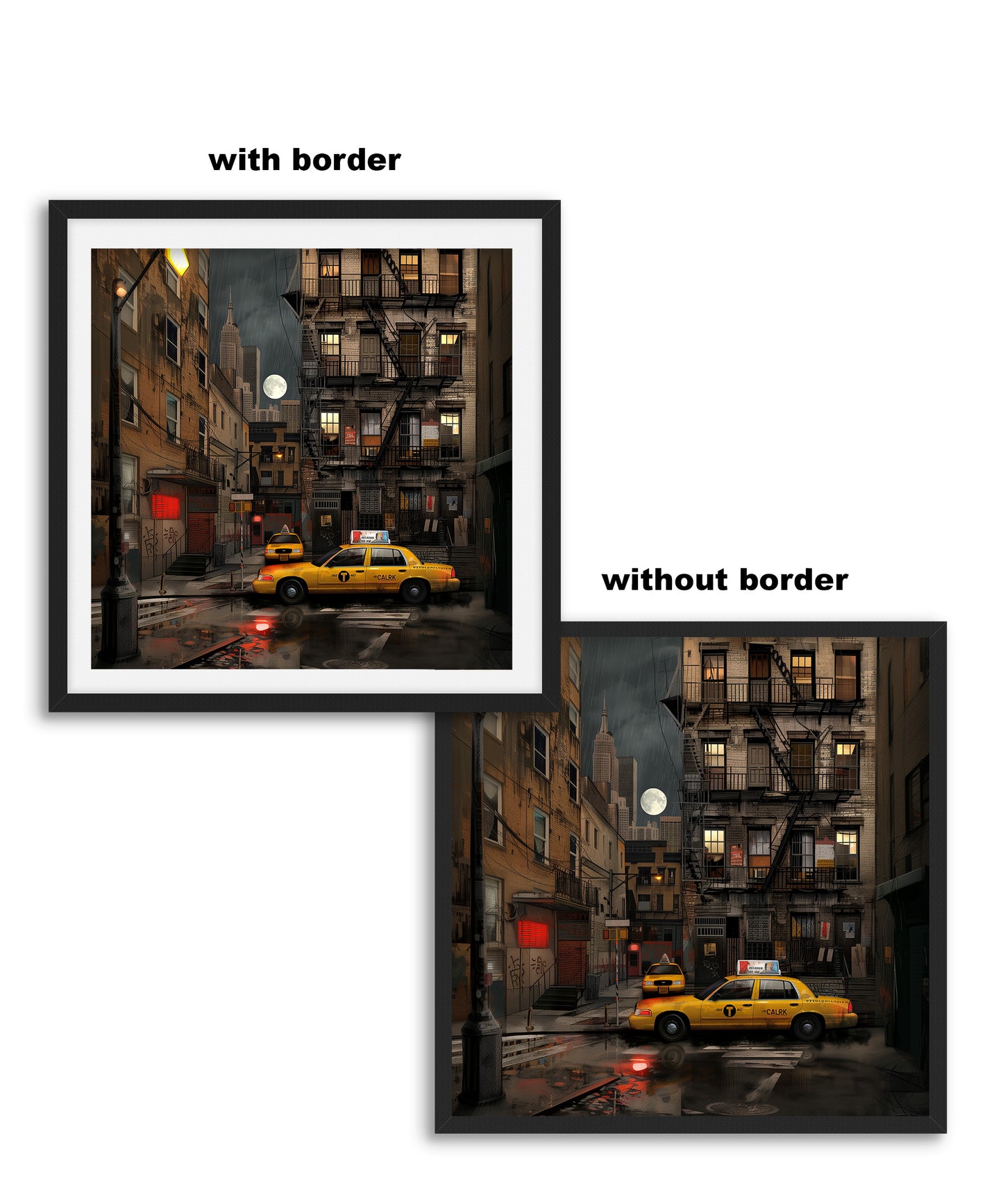 Harlem in the Moonlight Art Print featuring New York City yellow taxis at night under a glowing moon. Abstract Afrocentric Harlem cityscape wall art with vibrant colors and urban style.