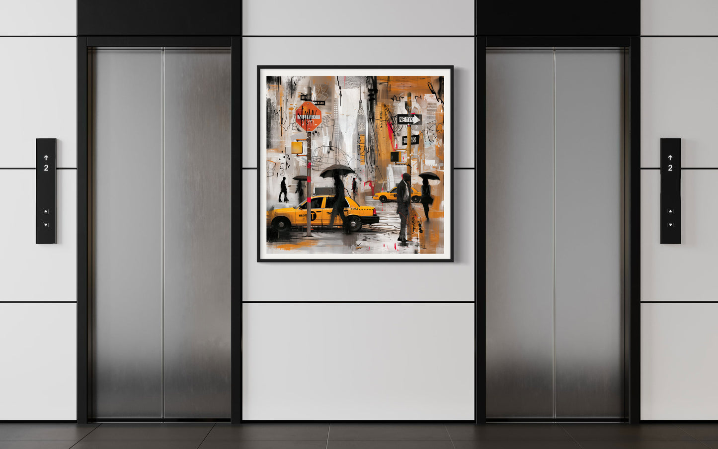 Walking in the Rain in Harlem Art Print featuring African American figures walking under umbrellas on Harlem streets with glowing yellow cabs and moonlight. Afrocentric abstract cityscape wall art celebrating Harlem life and culture.