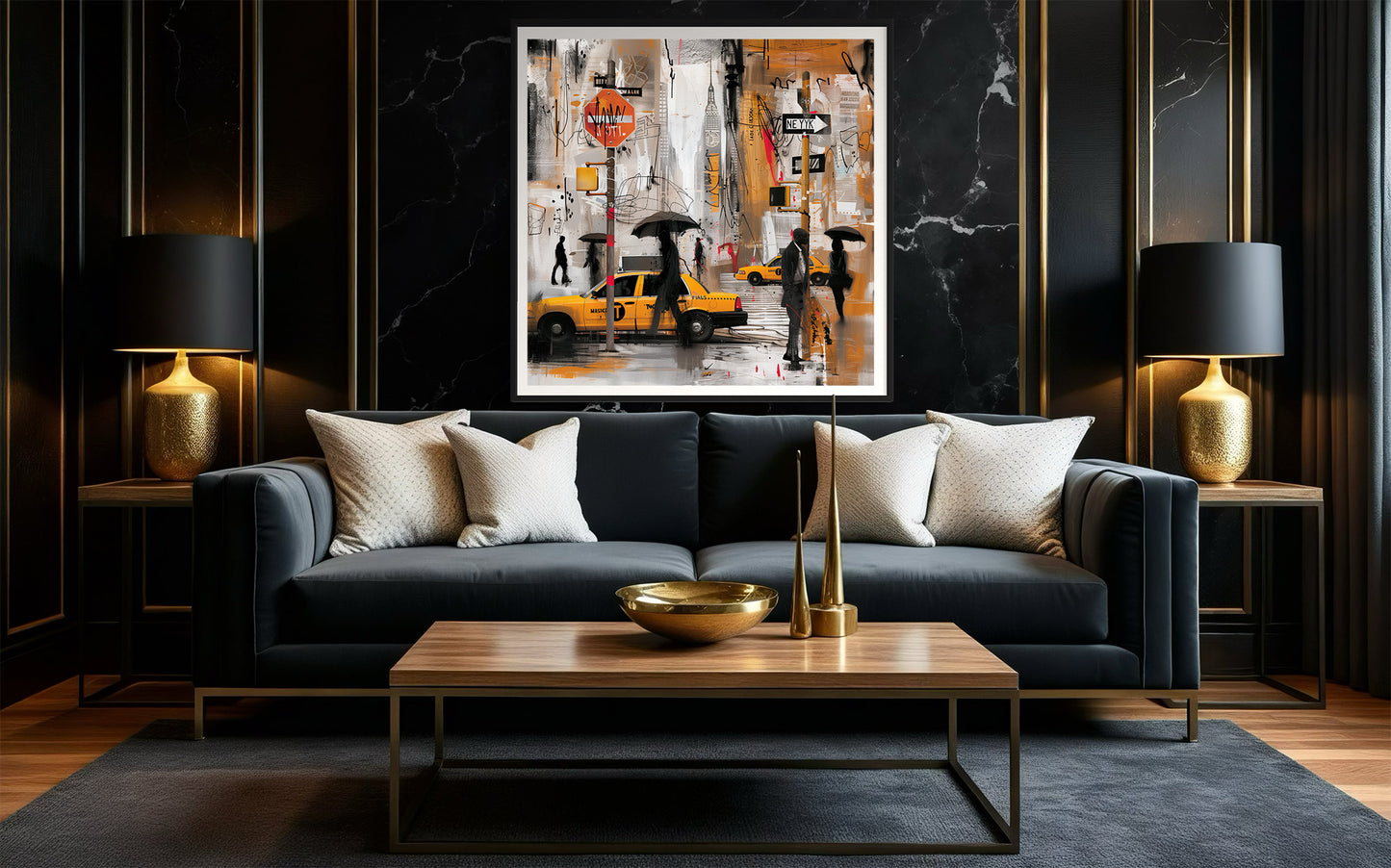 Walking in the Rain in Harlem Art Print featuring African American figures walking under umbrellas on Harlem streets with glowing yellow cabs and moonlight. Afrocentric abstract cityscape wall art celebrating Harlem life and culture.