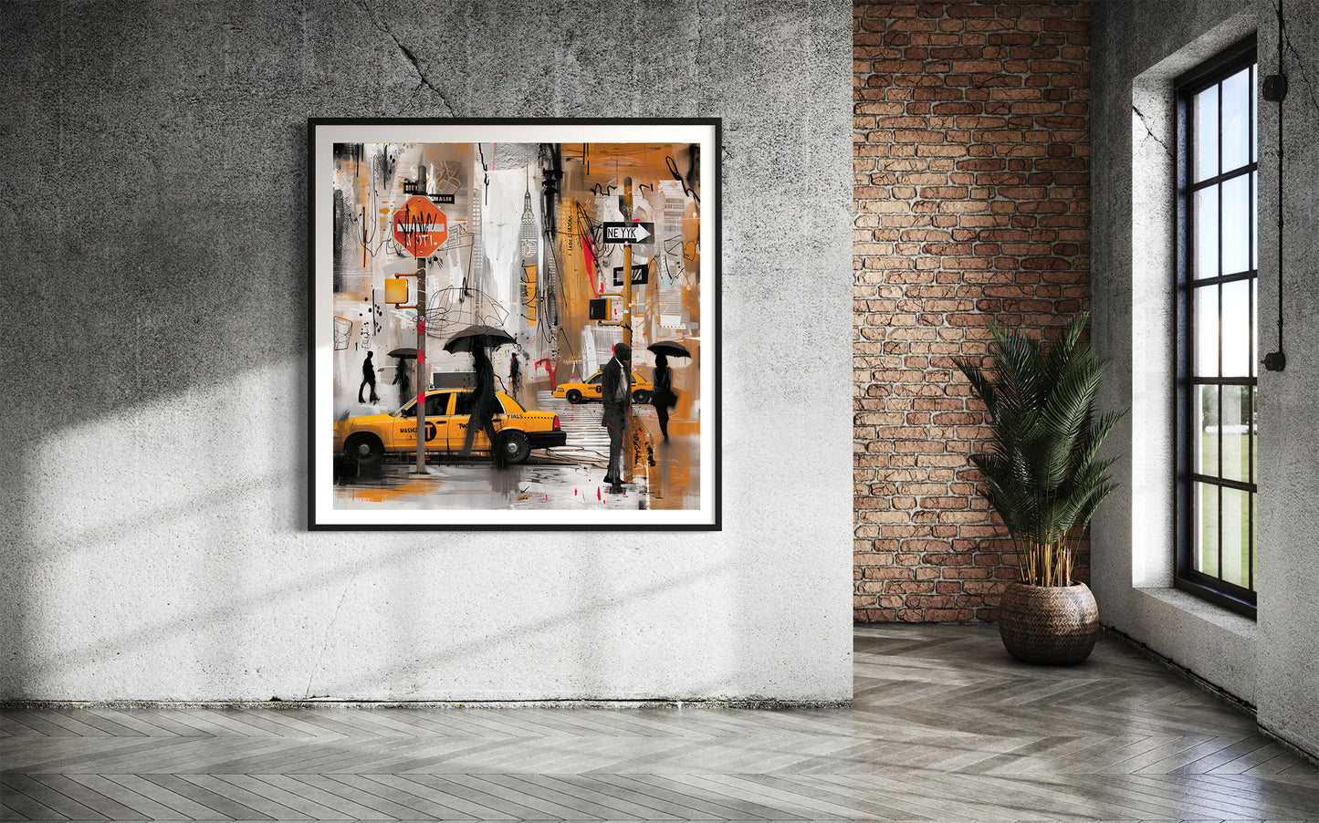 Walking in the Rain in Harlem Art Print featuring African American figures walking under umbrellas on Harlem streets with glowing yellow cabs and moonlight. Afrocentric abstract cityscape wall art celebrating Harlem life and culture.