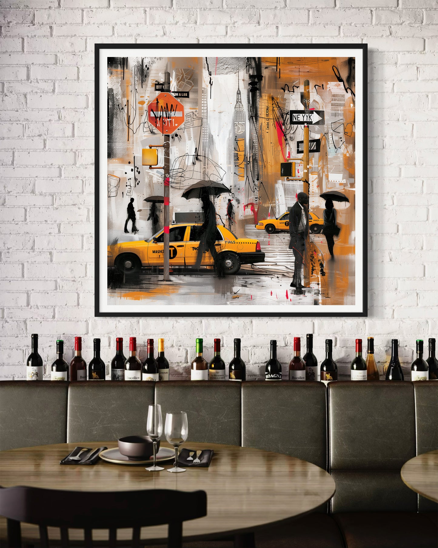Walking in the Rain in Harlem Art Print featuring African American figures walking under umbrellas on Harlem streets with glowing yellow cabs and moonlight. Afrocentric abstract cityscape wall art celebrating Harlem life and culture.