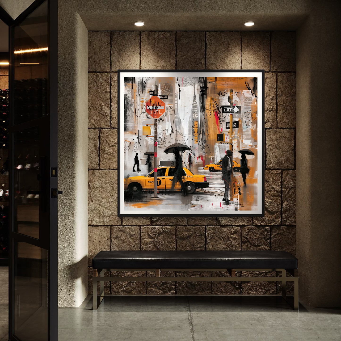 Walking in the Rain in Harlem Art Print featuring African American figures walking under umbrellas on Harlem streets with glowing yellow cabs and moonlight. Afrocentric abstract cityscape wall art celebrating Harlem life and culture.