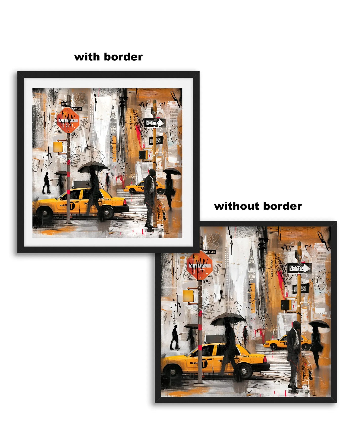 Graffiti-style digital art print of abstract Black silhouettes walking in the rain with umbrellas on NYC streets, surrounded by yellow taxis and the Manhattan skyline in the background.