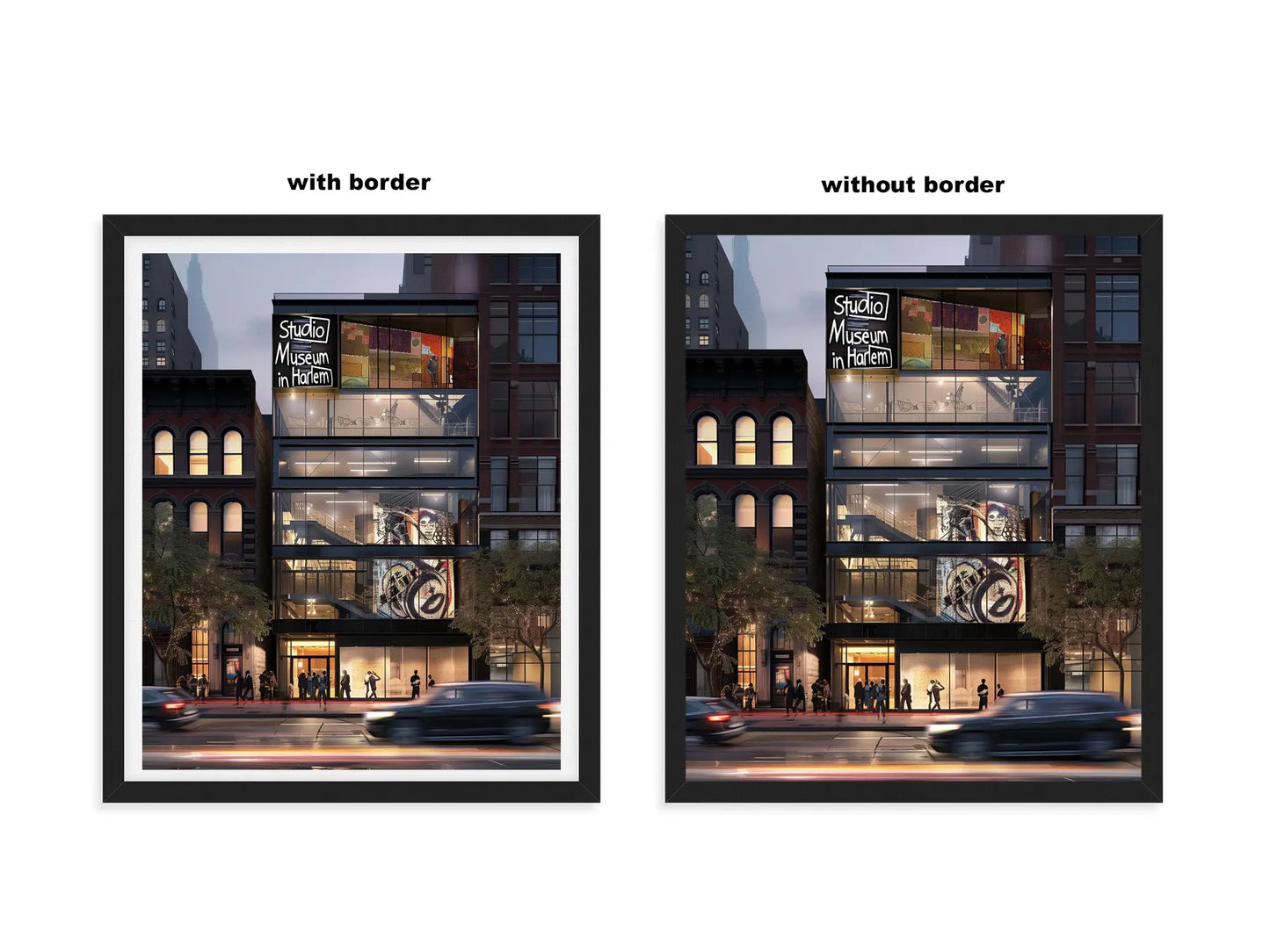 Abstract digital art print of the Studio Museum in Harlem front facade featuring modern architecture, Harlem street life, and cultural energy, representing the spirit of Harlem in an Afrocentric art print.