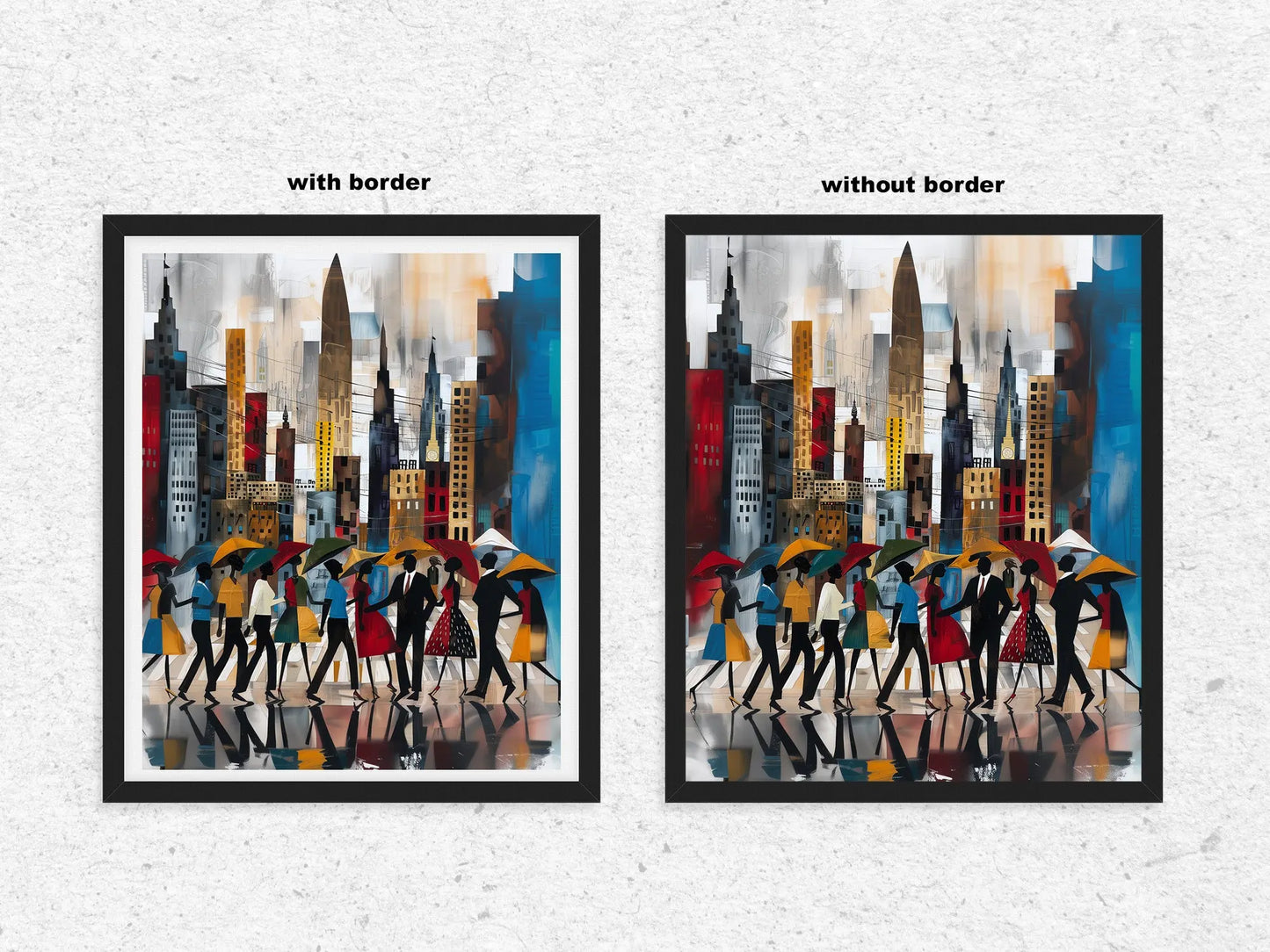 Side-by-side comparison of with border and without border for fine art print formats, showing how the same artwork is displayed in different framing styles to suit various home décor styles.