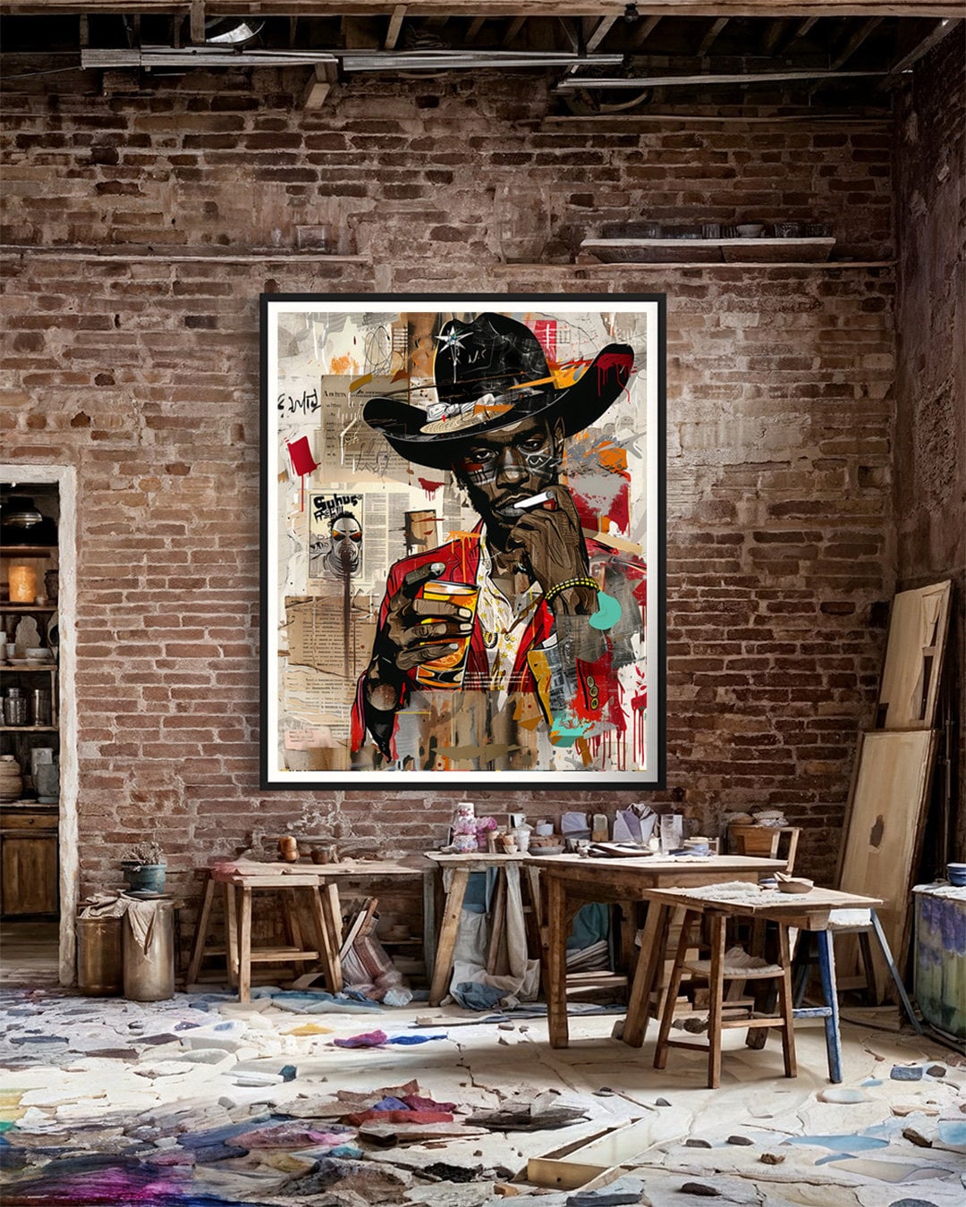 Black Cowboy Pop Art Print featuring a stylish African American cowboy in an edgy graffiti pop art style. Afrocentric Western wall decor with bold colors and textured street art design.