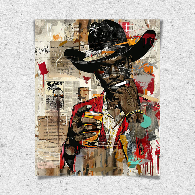 Black Cowboy Pop Art Print featuring a stylish African American cowboy in an edgy graffiti pop art style. Afrocentric Western wall decor with bold colors and textured street art design.