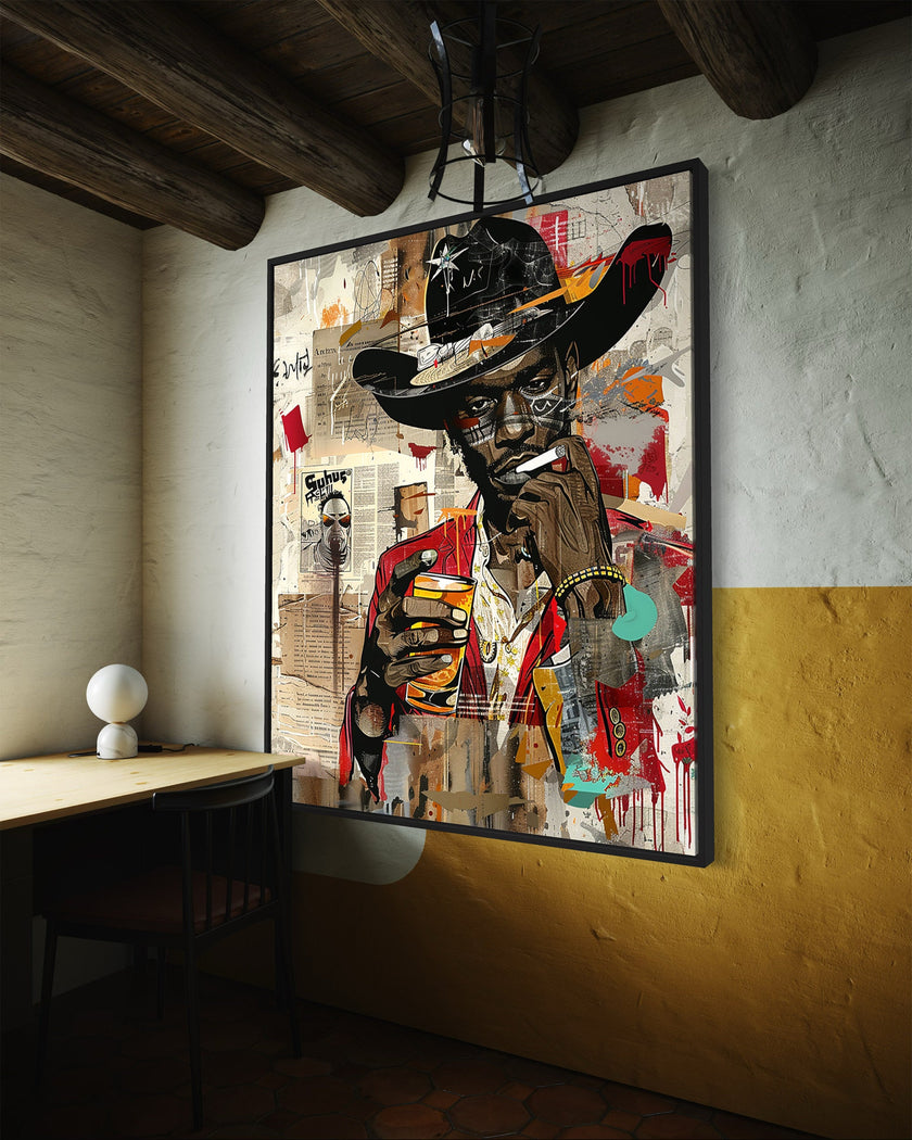 Black Cowboy Pop Art Print featuring a stylish African American cowboy in an edgy graffiti pop art style. Afrocentric Western wall decor with bold colors and textured street art design.