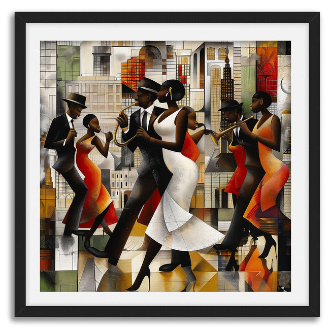 Jazz Musicians Art Print featuring African American performers in an abstract Bauhaus-inspired Afrocentric style. Vibrant Harlem Renaissance wall art celebrating music, culture, and artistic expression.