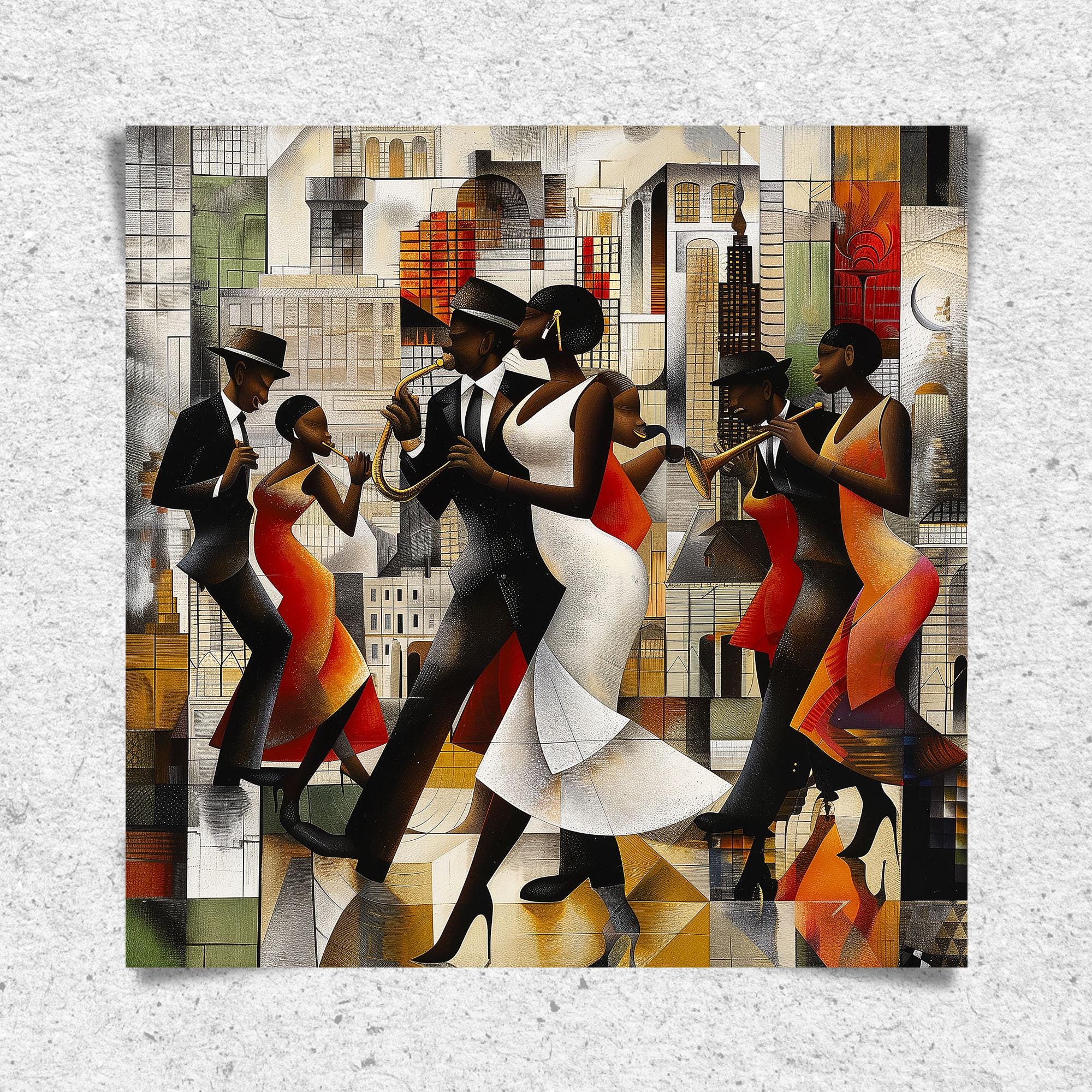 Jazz Musicians Art Print featuring African American performers in an abstract Bauhaus-inspired Afrocentric style. Vibrant Harlem Renaissance wall art celebrating music, culture, and artistic expression.
