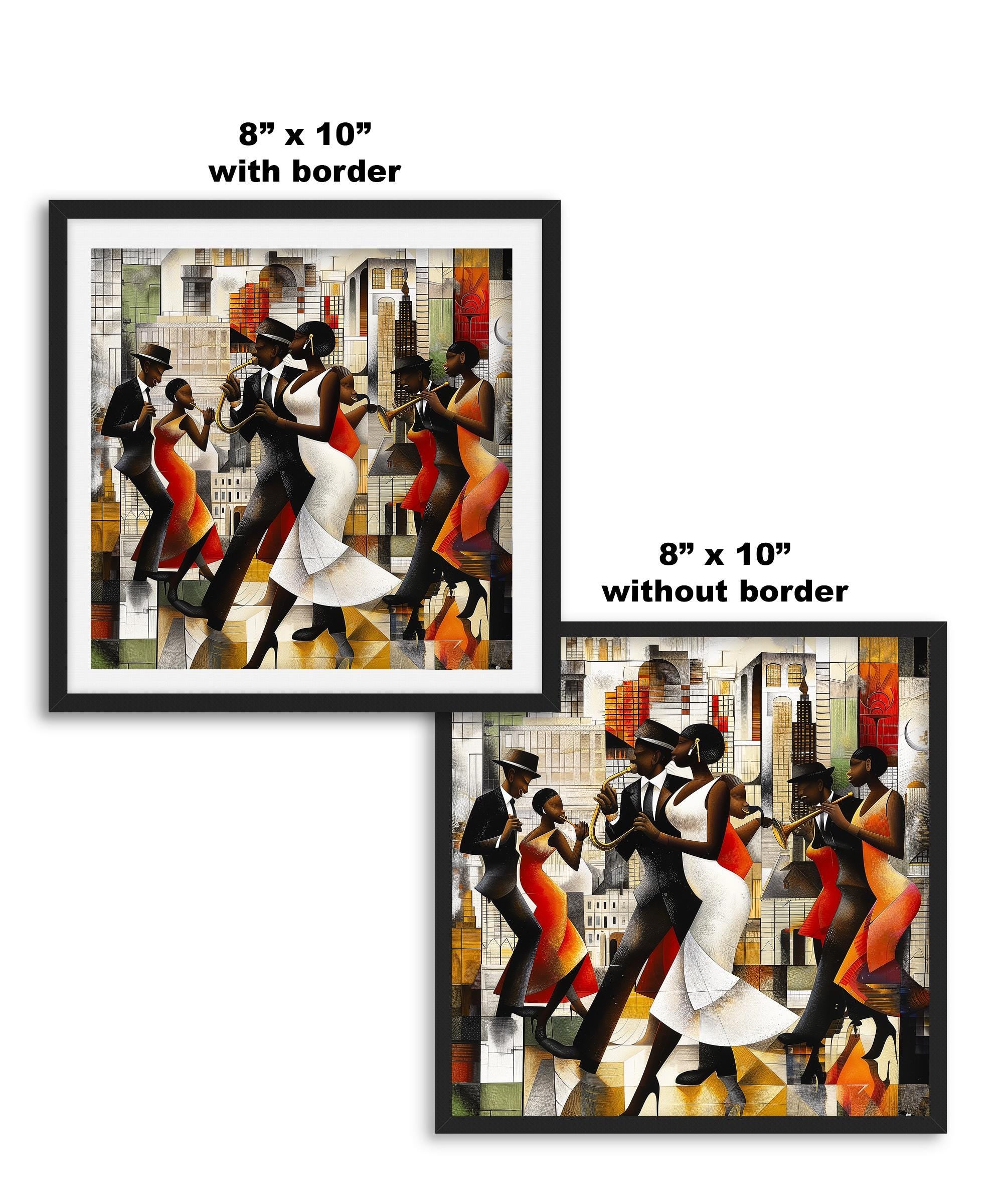 Jazz Musicians Art Print featuring African American performers in an abstract Bauhaus-inspired Afrocentric style. Vibrant Harlem Renaissance wall art celebrating music, culture, and artistic expression.