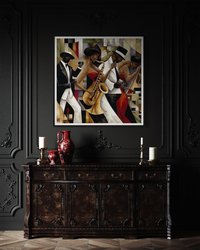 Jazz Musicians Art Print featuring African American performers in an abstract Bauhaus-inspired Afrocentric style. Vibrant Harlem Renaissance wall art celebrating music, culture, and artistic expression.