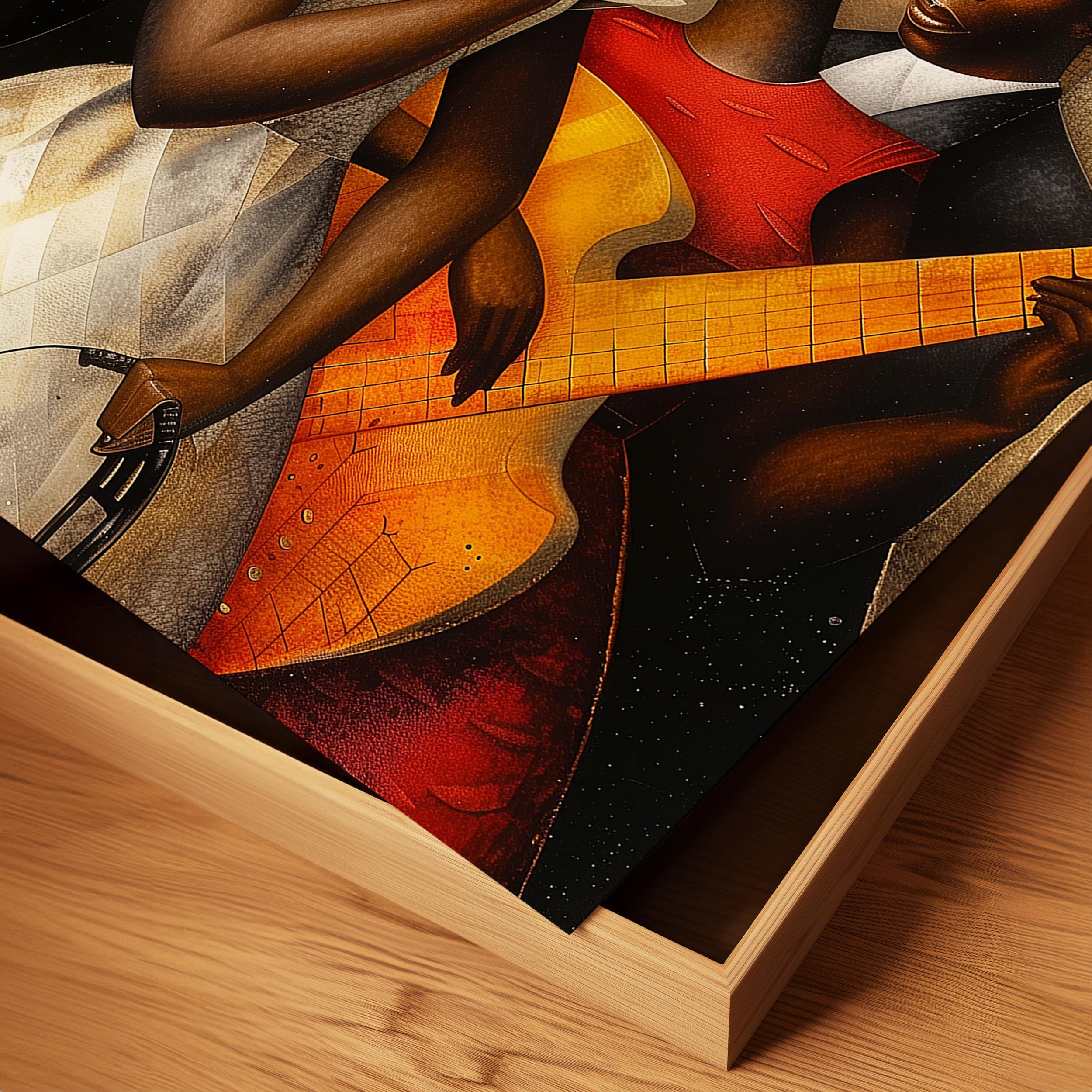 Harlem Renaissance Jazz Musicians Art Print featuring African American performers in a Bauhaus-inspired abstract Afrocentric design. Vibrant wall art celebrating Harlem’s music culture and artistic heritage.