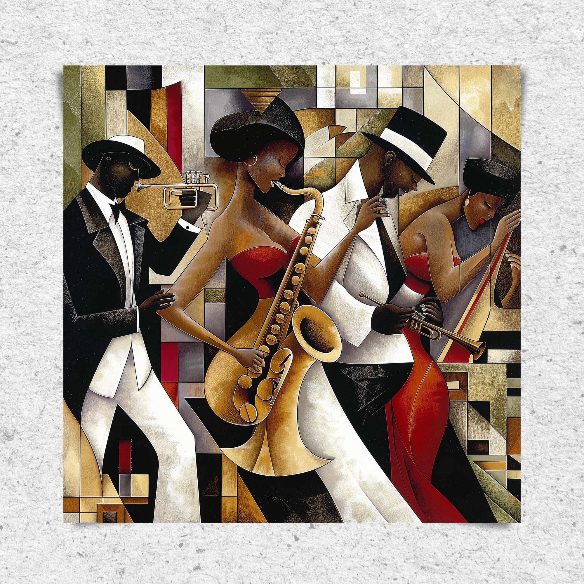 Jazz Musicians Art Print featuring African American performers in an abstract Bauhaus-inspired Afrocentric style. Vibrant Harlem Renaissance wall art celebrating music, culture, and artistic expression.