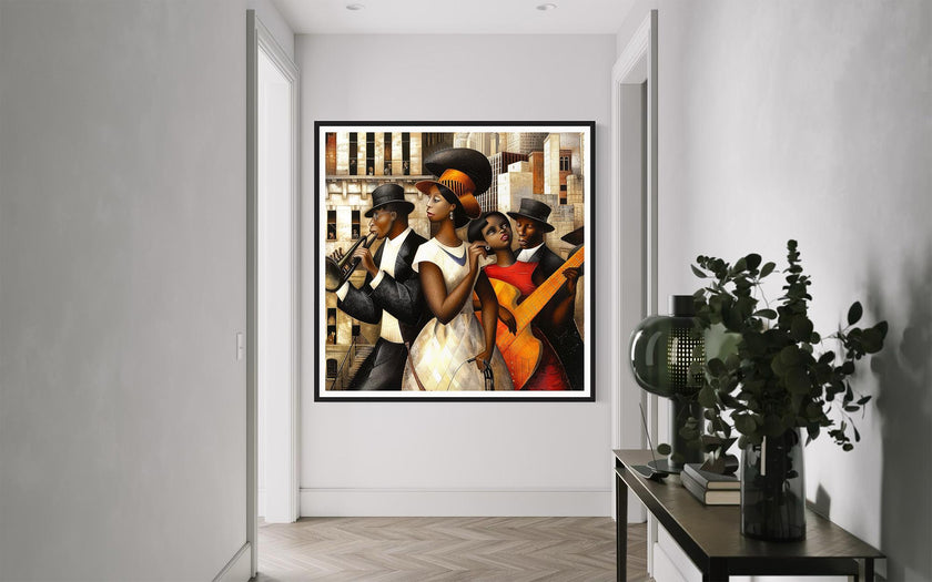 Harlem Renaissance Jazz Musicians Art Print featuring African American performers in a Bauhaus-inspired abstract Afrocentric design. Vibrant wall art celebrating Harlem’s music culture and artistic heritage.