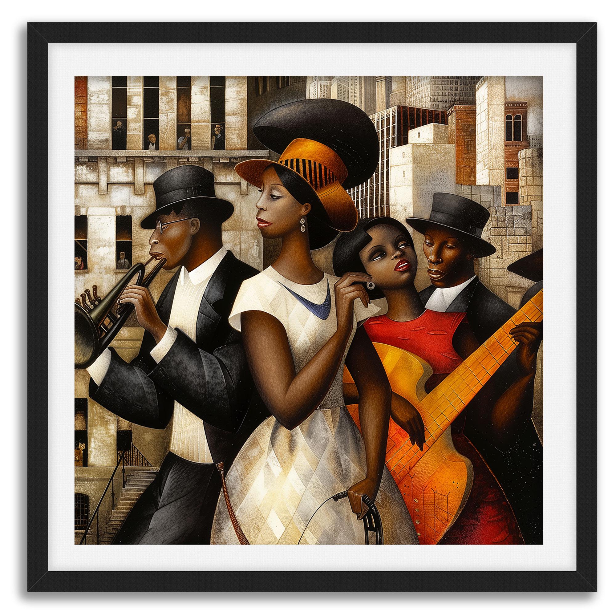 Harlem Renaissance Jazz Musicians Art Print featuring African American performers in a Bauhaus-inspired abstract Afrocentric design. Vibrant wall art celebrating Harlem’s music culture and artistic heritage.