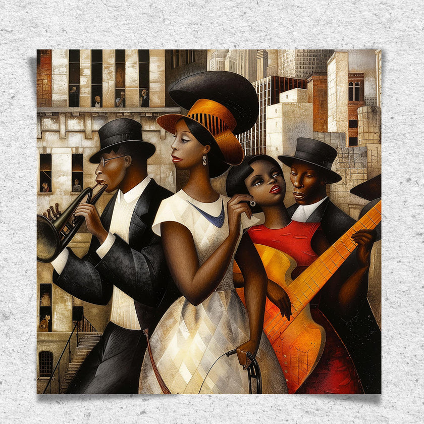 Harlem Renaissance Jazz Musicians Art Print featuring African American performers in a Bauhaus-inspired abstract Afrocentric design. Vibrant wall art celebrating Harlem’s music culture and artistic heritage.